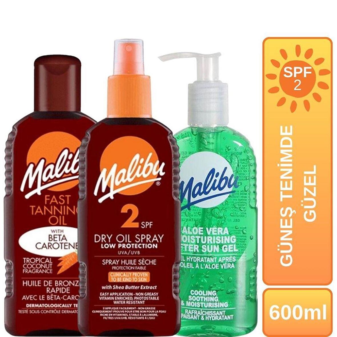 Malibu Dry Oil Bronzlaştırıcı + Hızlı Bronzlaştırıcı + Güneş Sonrası Aloe Vera SPF2 Güneş Tenimde Güzel Set