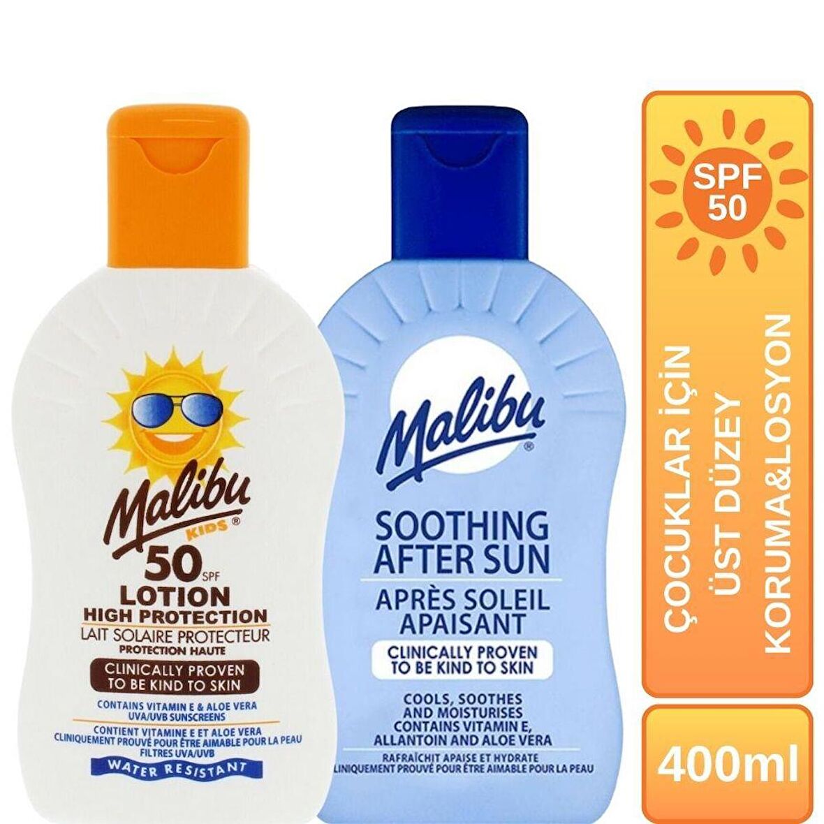 Malibu Güneş Koruyucu + Güneş Sonrası Yatıştırıcı Çocuklar İçin SPF50 Üst Düzey Korumalı Losyon