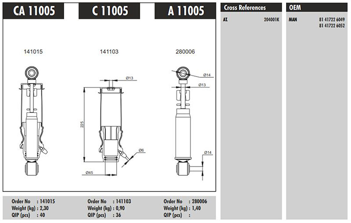 Man Truck Kabın Amortısoru Arka (koruklu) - Man / 19.463 D2876 94> 19.464 D2876 98> - Connect Ca 11005