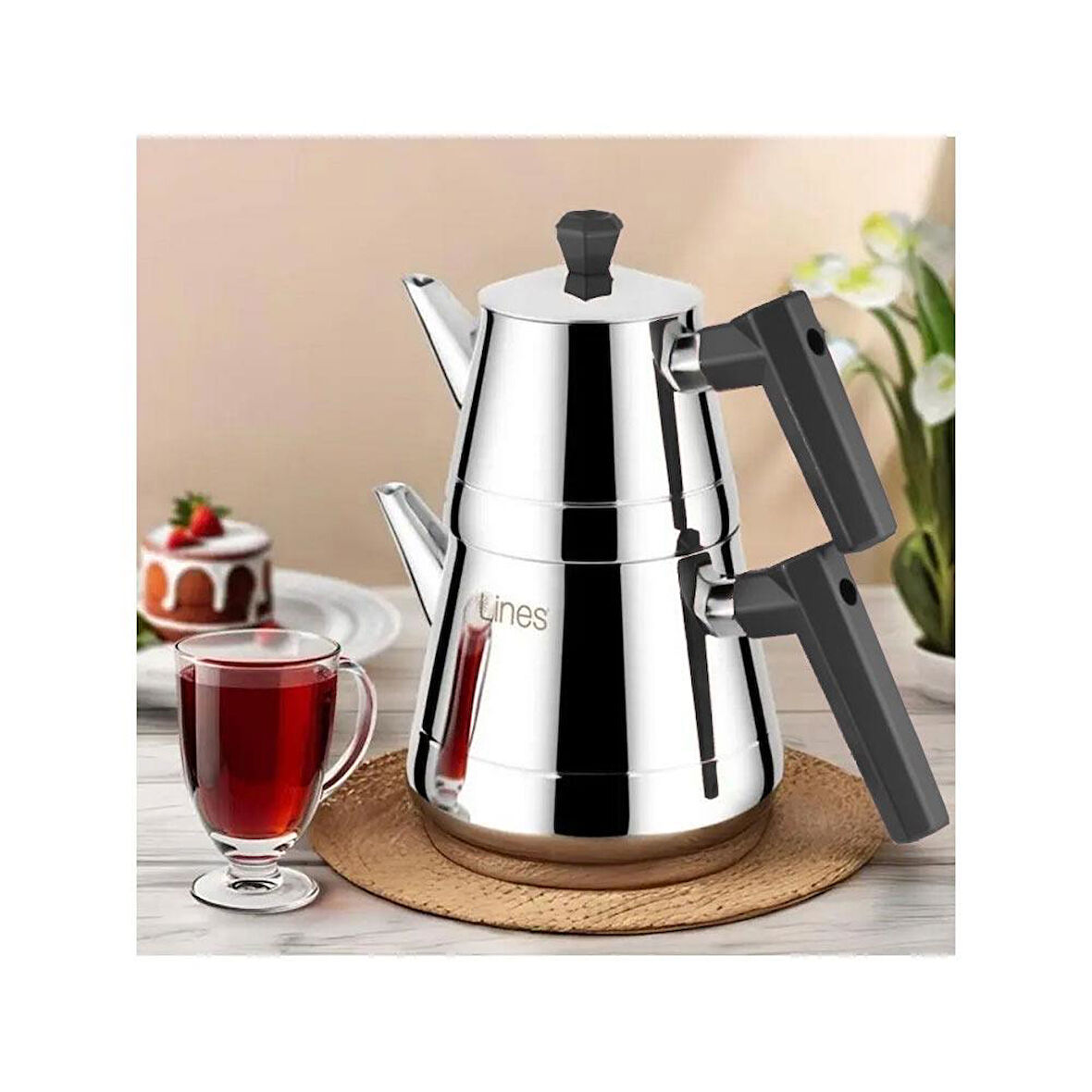 Yonca Lines L-3064 Piramit Orta Boy Çelik Çaydanlık Bakalit Siyah