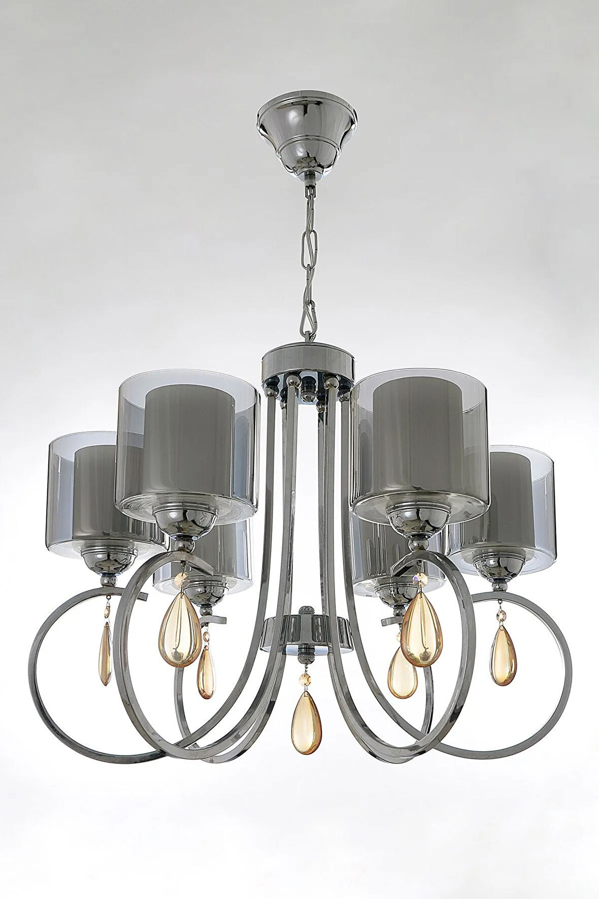 Creta 6 Kollu Füme Camlı Kristal Taşlı Krom Avize Bs.3001-51-06