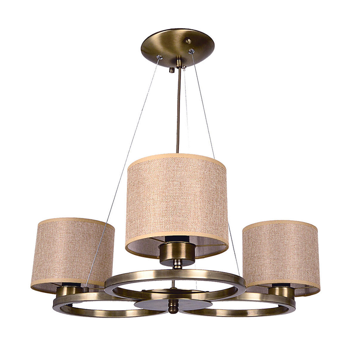 Avize Çarşısı, Melissa 3 Lü Avize, Eskitme Metal Kasa, Açık Kahverengi Hasır Desen Kumaş Abajur BS.7132-52-03E