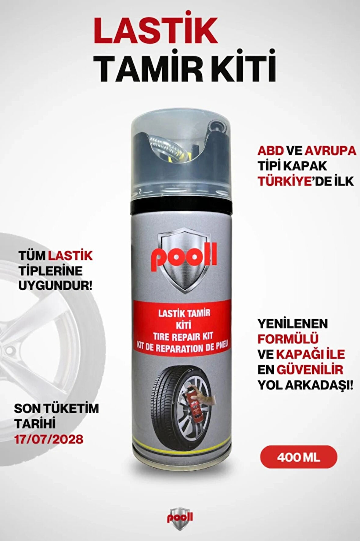 Pooll Chem Lastik Tamir Kiti Spreyi Köpüğü Acil Lastik Şişirme Kiti 400 ml