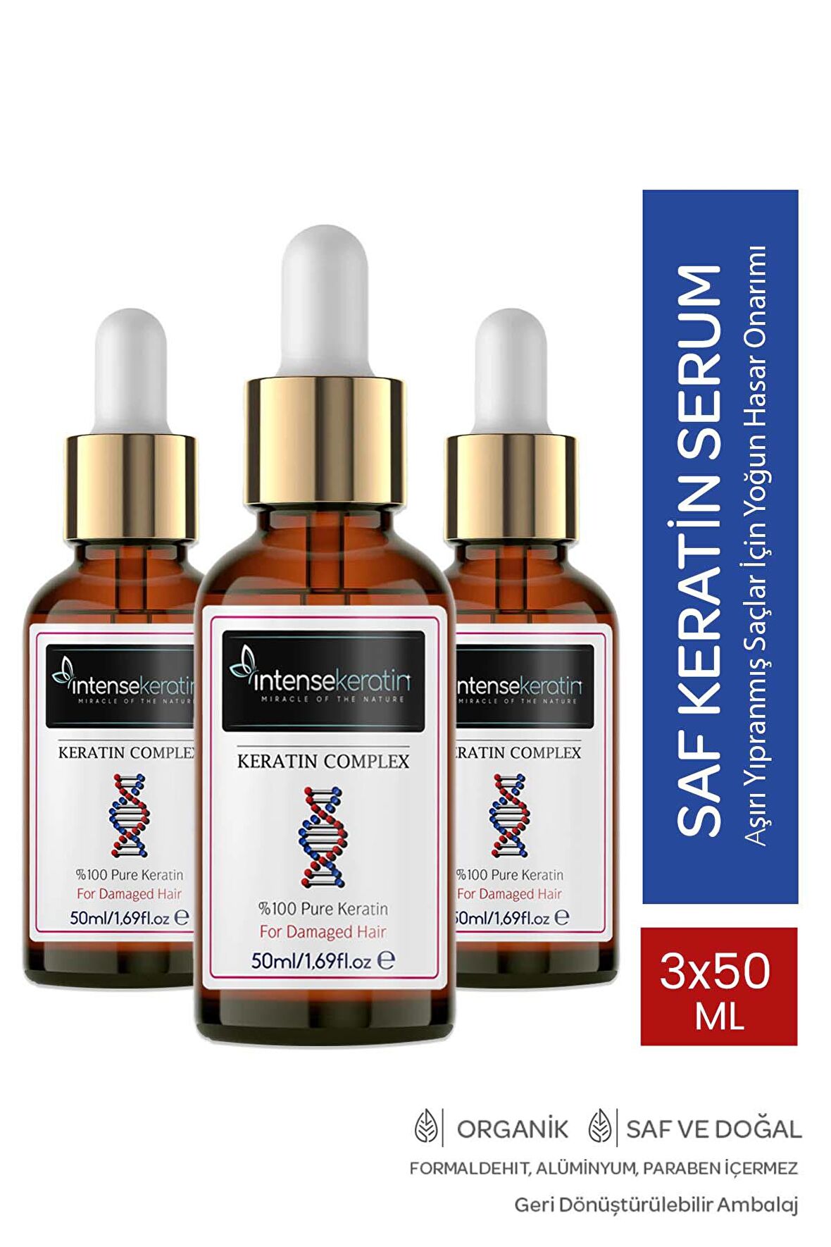 Aşırı Yıpranmış Saçlar için Saf Keratin Serum 3x 50 ML Yanan Saç Serumu, Yoğun Bakım Onarıcı Mat Saç