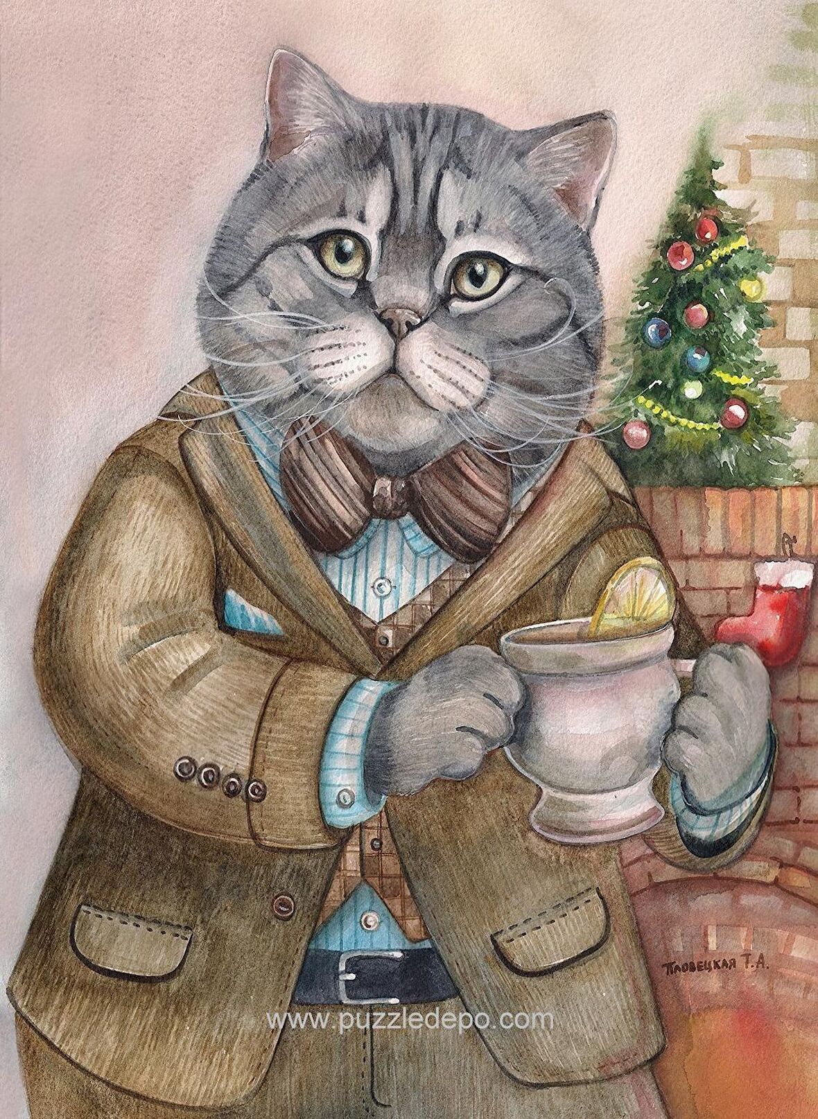 Nova Puzzle Sosyetik Kedi, Şömine Keyfi 12+ Yaş Küçük Boy Puzzle 1000 Parça