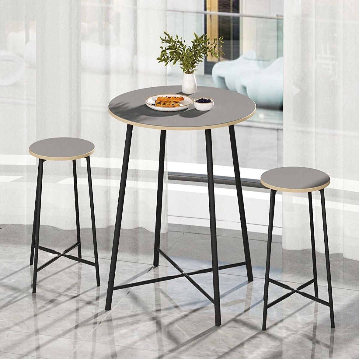 Oval 2 Kişilik Yemek Masası Bar Masası Mutfak Füme 1528