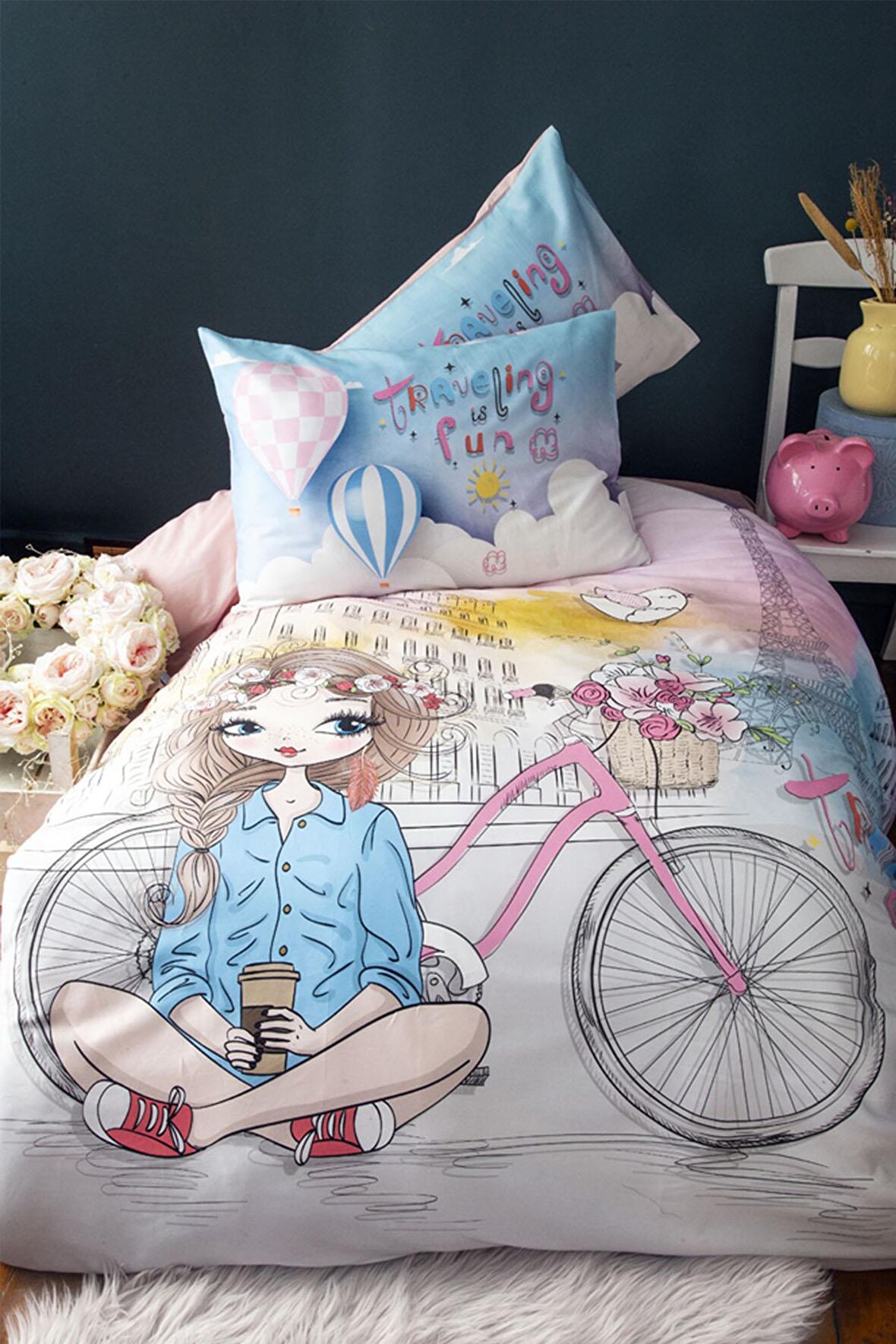 İssimo Home Cozy Girl 145 TC Çizgili Pamuk Tek Kişilik Nevresim Takımı