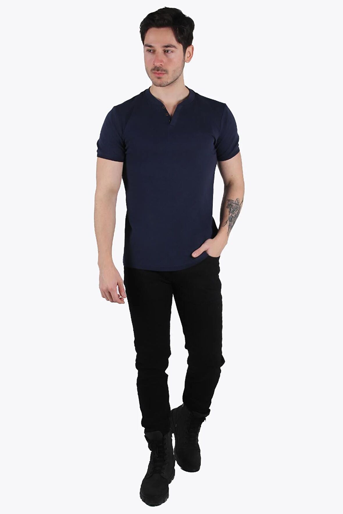 2122 Üç Düğme Hakim Yaka Ribana Modern Fit T-shirt