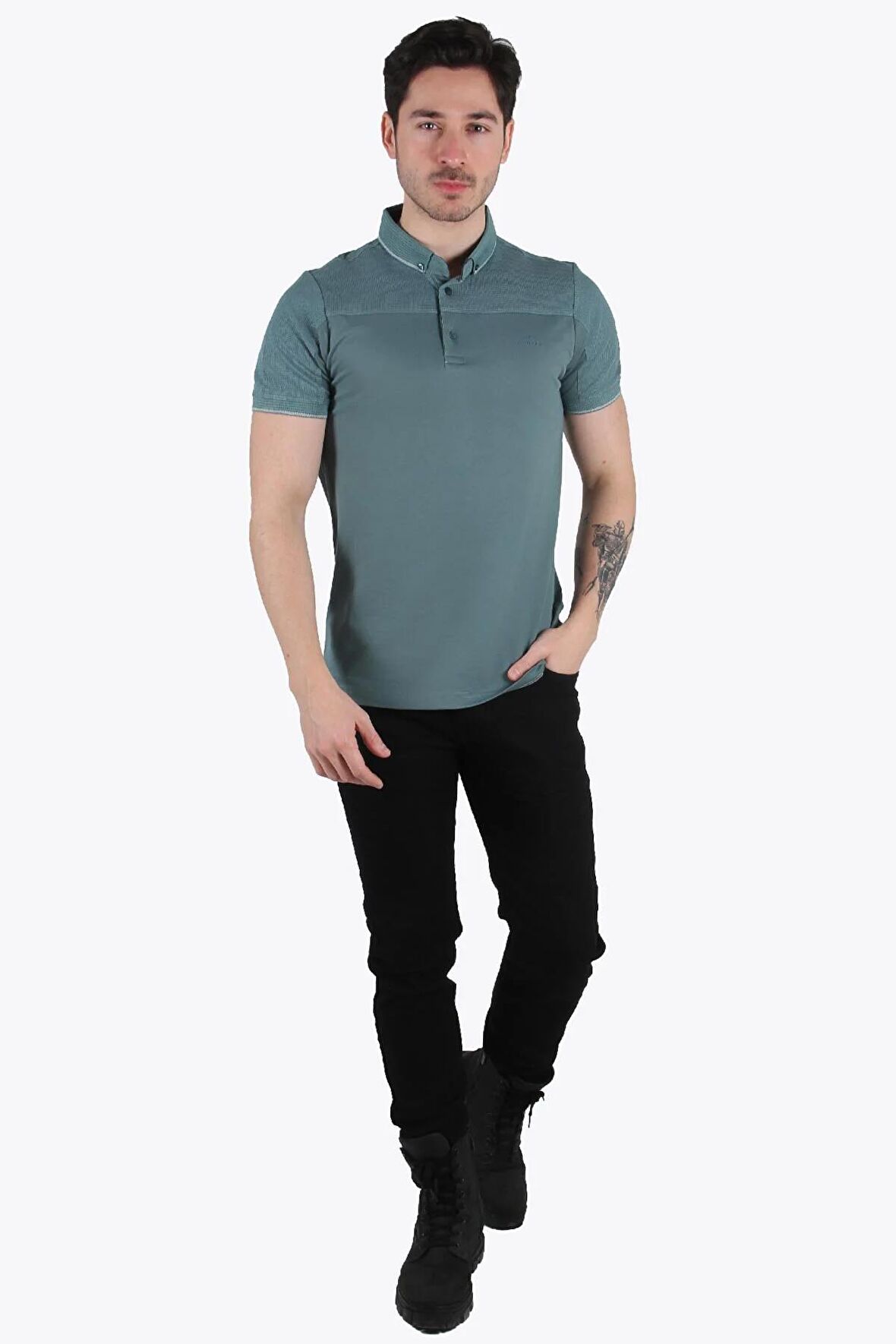 3736 Parçalı Ayaklı Yaka Üstü Waffle T-shirt