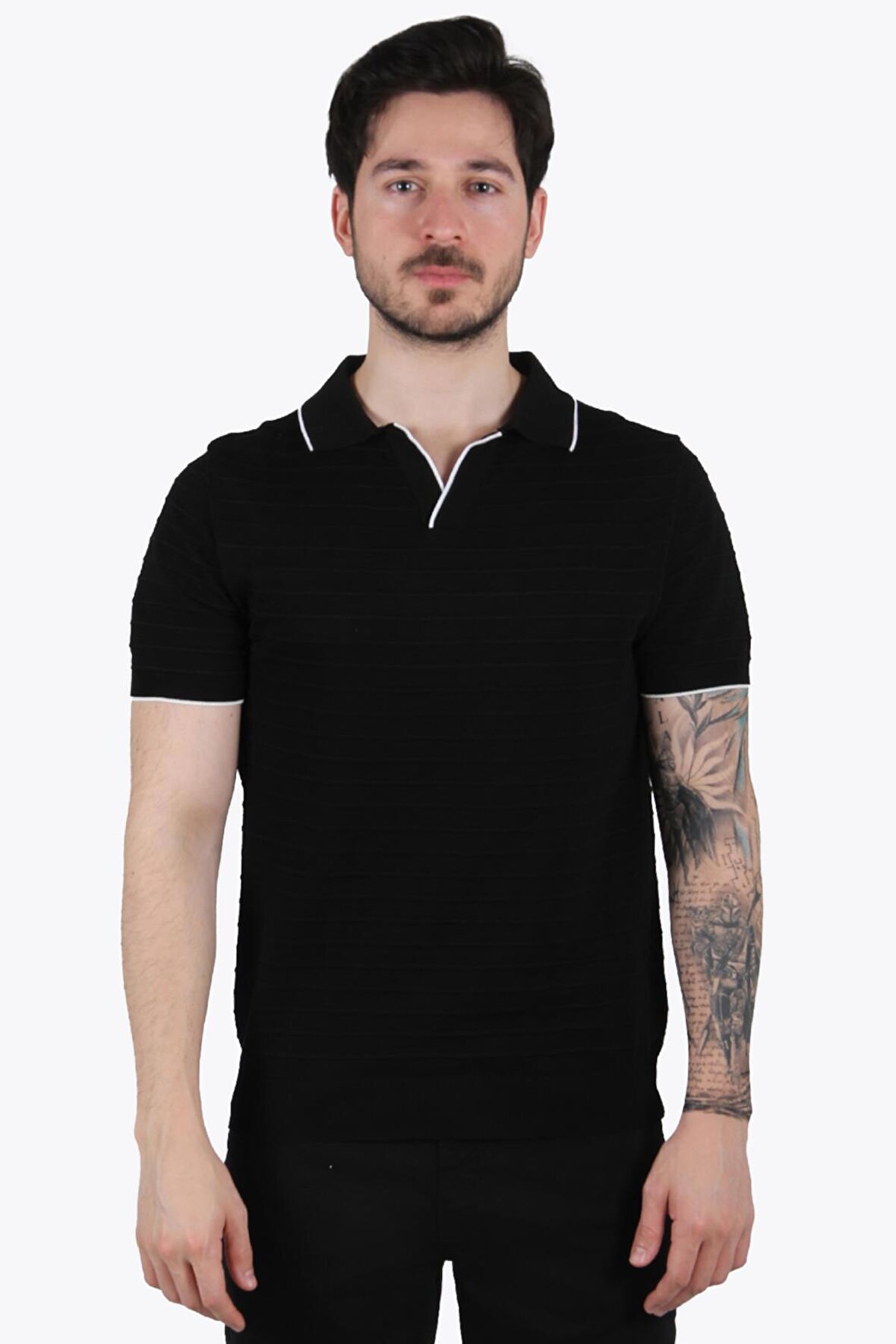 66530 Kendinden Şeritli Triko Polo Yaka T-shirt