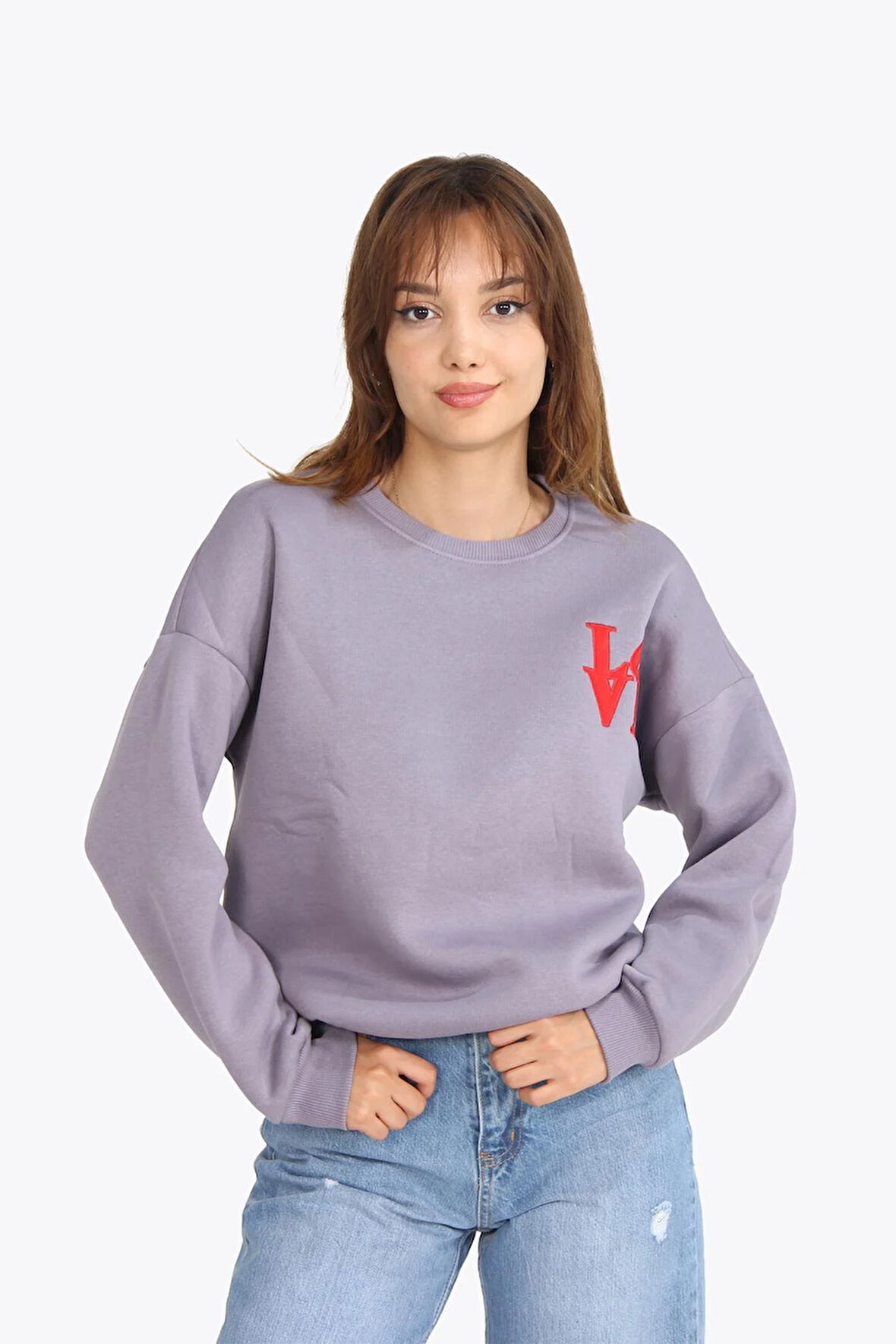 5976 Love Nakışlı Bisiklet Yaka Oversize Sweat (3 İplik)