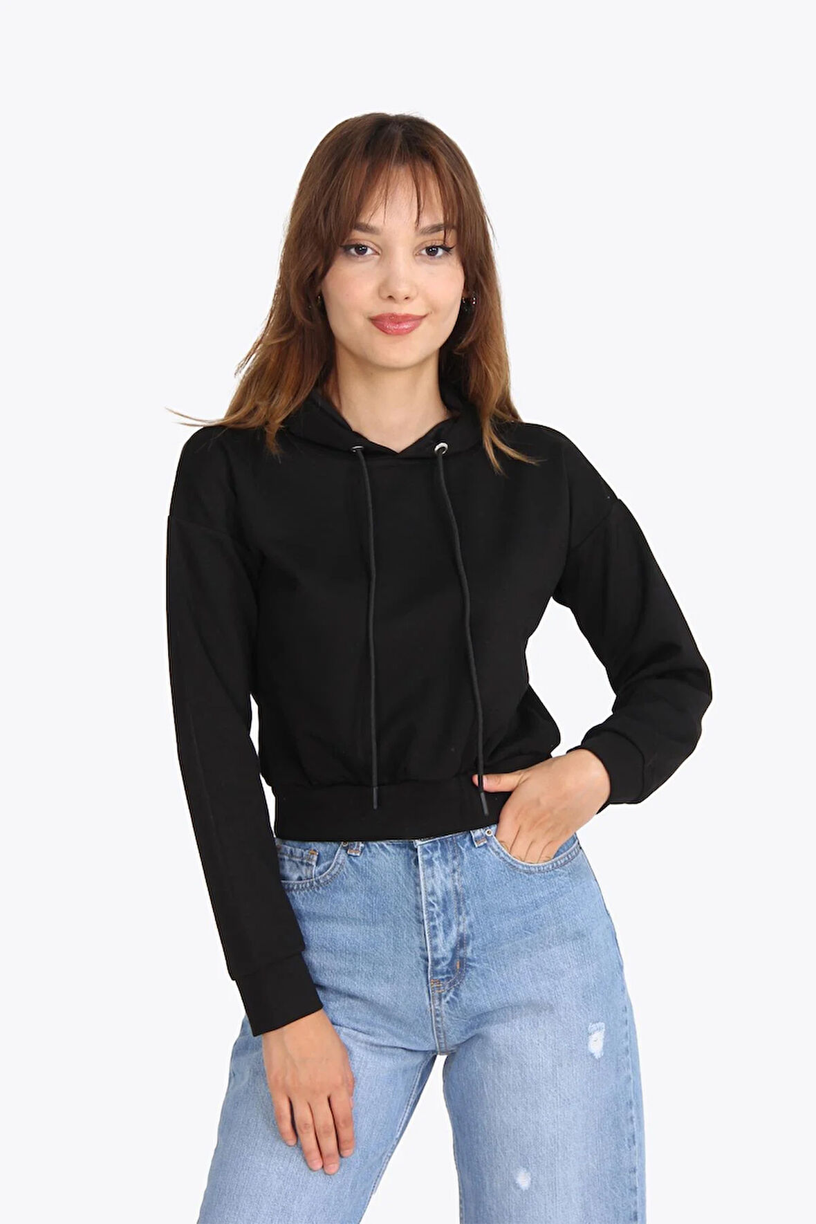 5910 (N-1198) Kapşonlu Uzun Kollu Crop Sweat