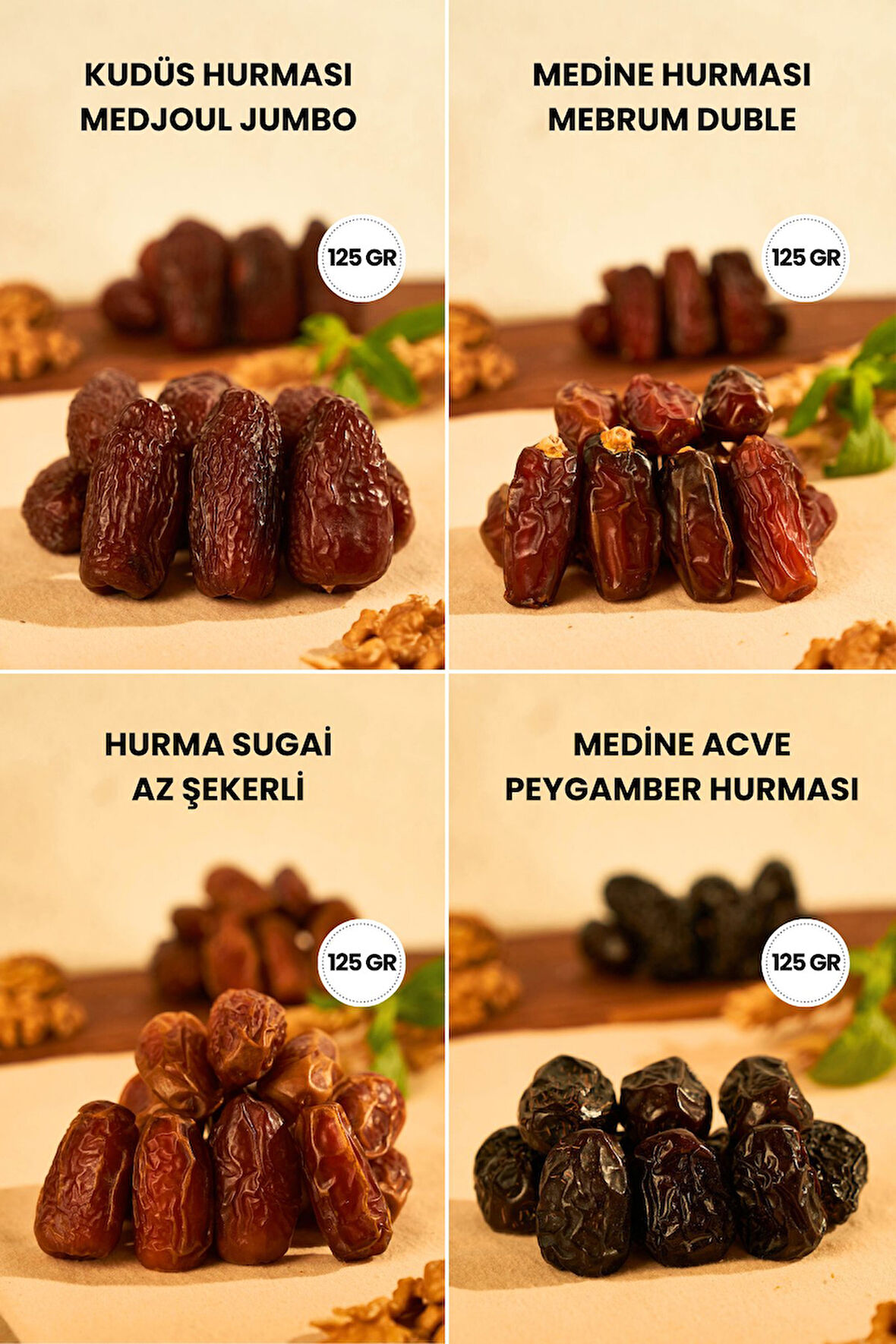 Derme 4’lü Hurma Tadım Seti – Kudüs Jumbo, Medine Duble, Sugai ve Acve (4 x 125 g | Toplam 500 g)