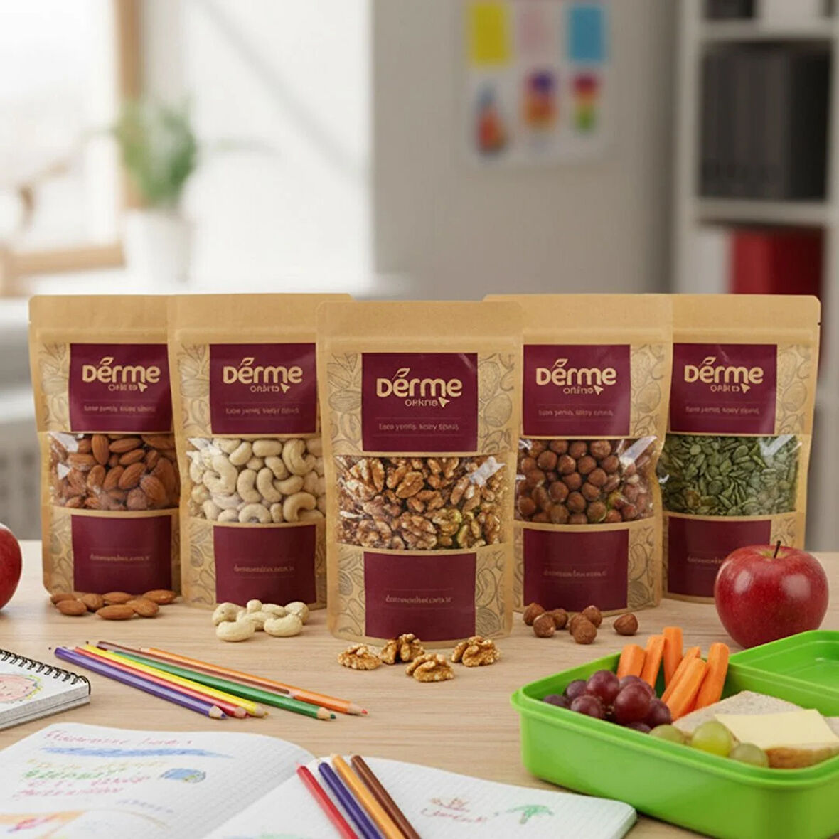 Okul Paketi ( Çiğ Kaju,Çiğ Badem,Çiğ Fındık,Kabak çekirdeği ) Granola Hediye