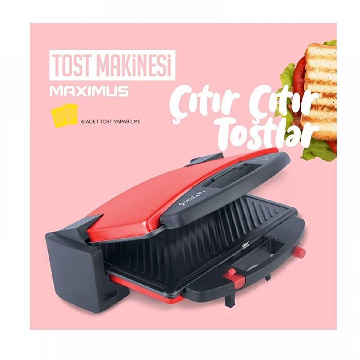 Minisan Maximus Kırmızı Tost Makinesi - Bordo Renk