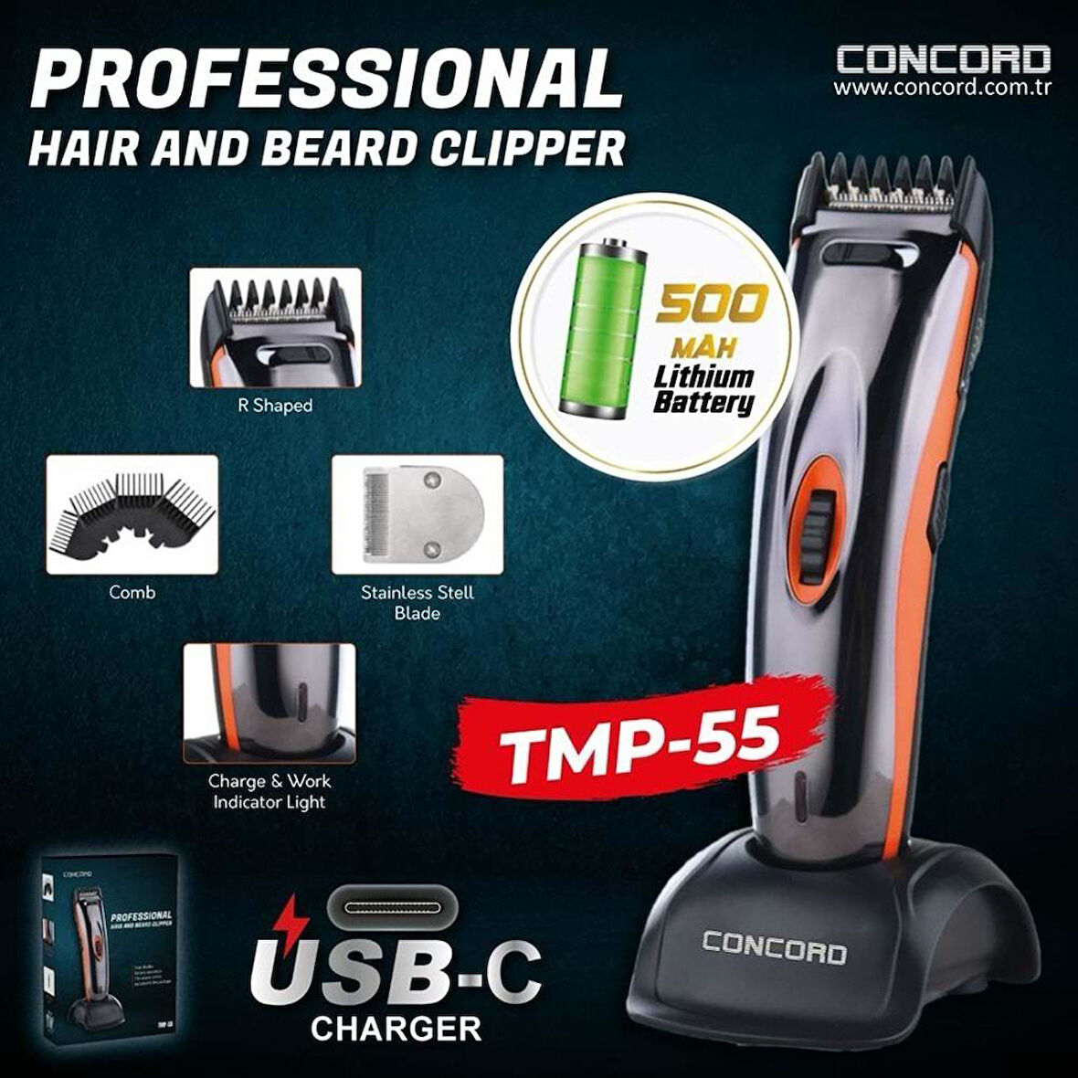 CONCORD TMP-55 ALÜMİNYUM GÖVDELİ  ŞARJLI TYPE-C ŞARJ PROFESYONEL TIRAŞ MAKİNESİ