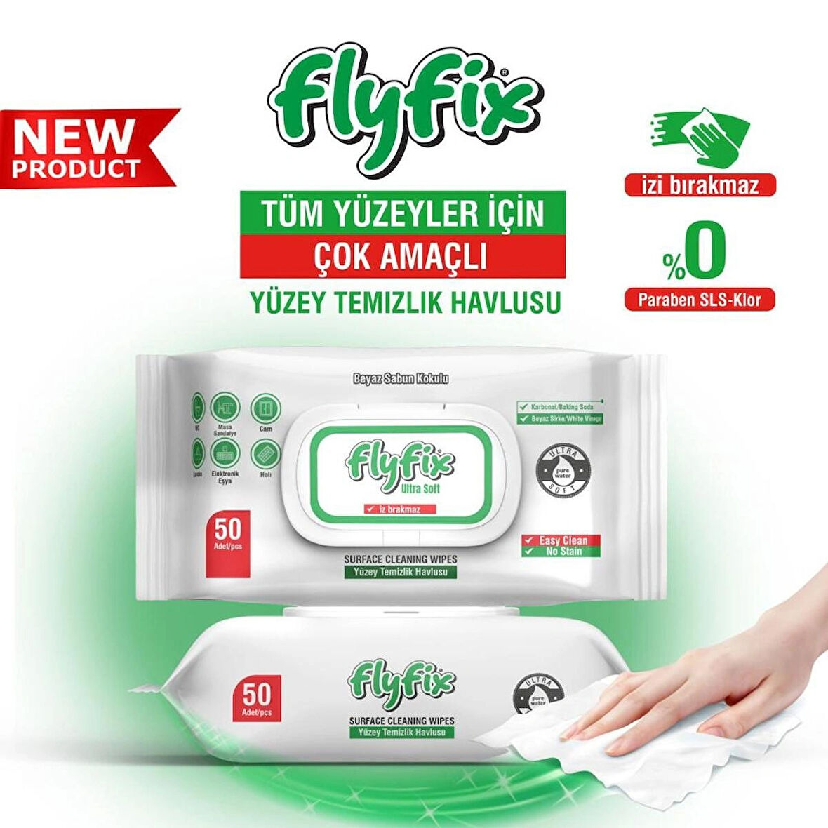 FLYFİX BEYAZ SABUN KOKULU YÜZEY TEMİZLİK HAVLUSU 50Lİ*5PAKET
