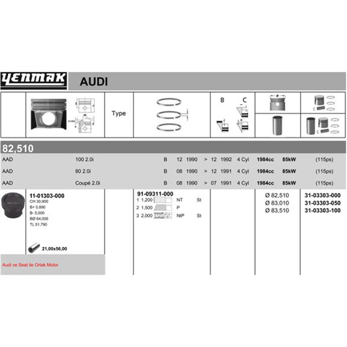 Vag Piston+segman (83,01mm 0,50) A80 A100 A6 Alhambra Cordoba İbiza II Toledo I Corrado Golf III / IV Pa - Yenmak 31-03303-050