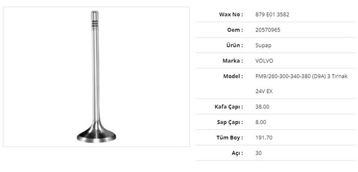 Volvo Truck Subap Egzoz Volvo Fm9/260-300-340-380(d9a ) 3 Tirnak 24v 38kx8sx191,7bx30a (12adet) - Wax 879 E01 3582