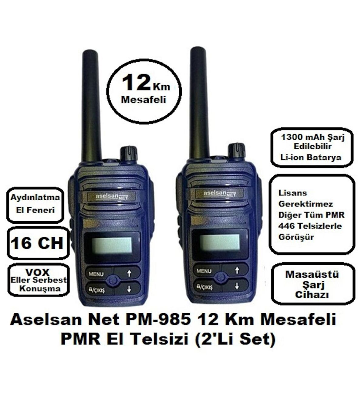 Aselsan PM985 12Km Açık Alan Mesafeli Pmr El Telsizi (2'li Set)