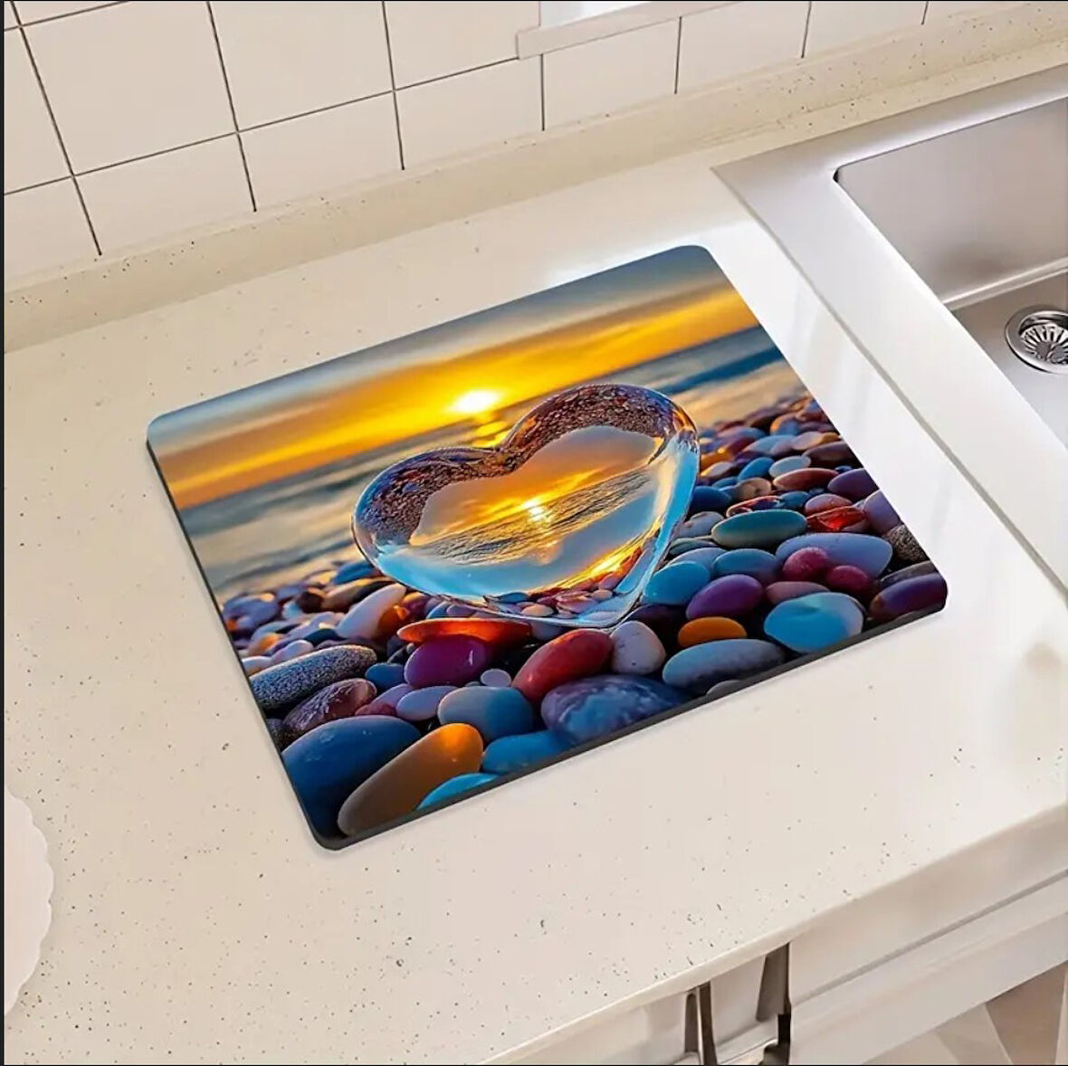 55 CM x 45 CM DENİZİN KALBİ TASARIMI TEZGAH ÜSTÜ BULAŞIK KURUTMA MATI BULAŞIKLIK KURUTMA ÖRTÜSÜ