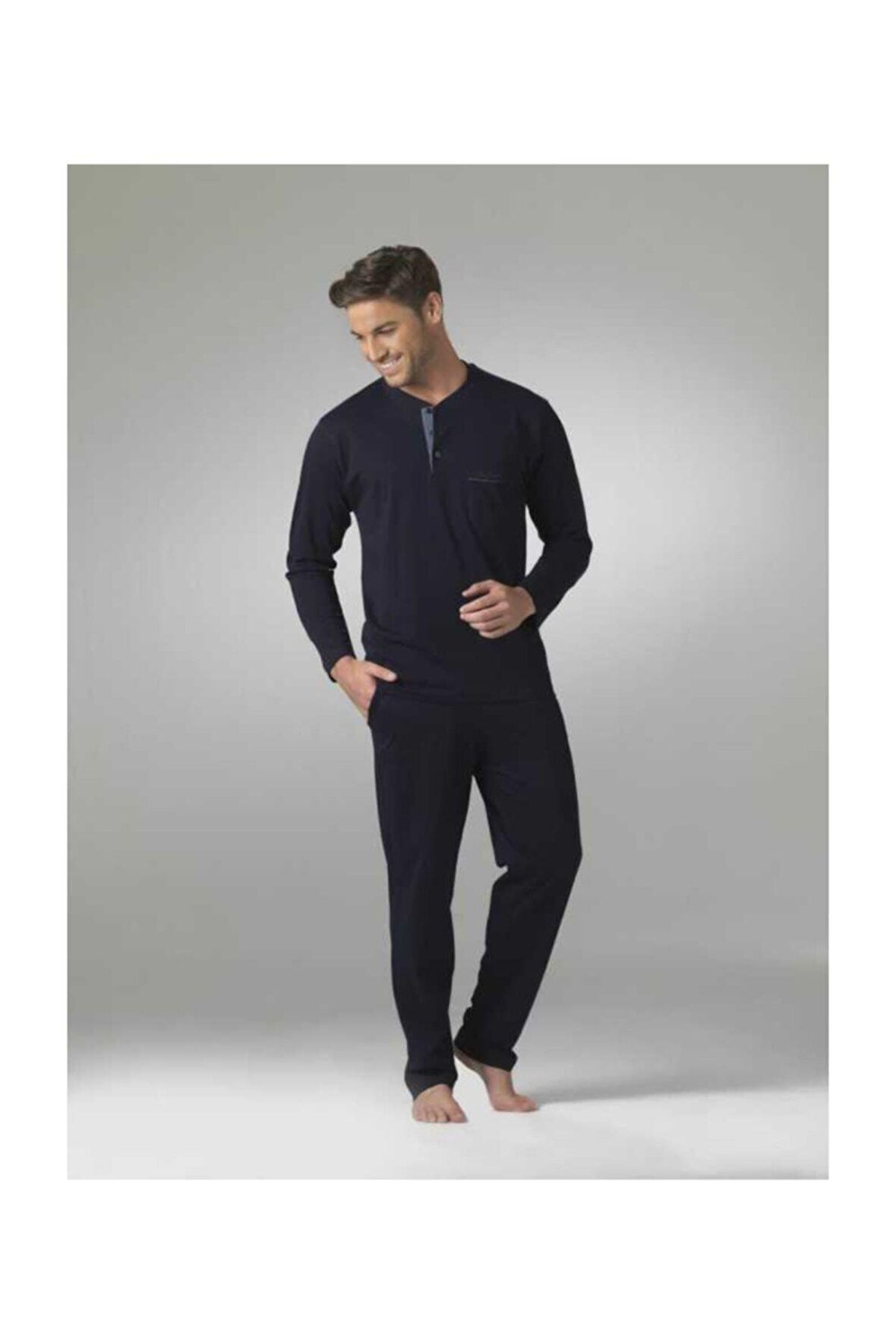 Erkek Uzun Kol Çeyiz Lacivert Pijama Takım 5454