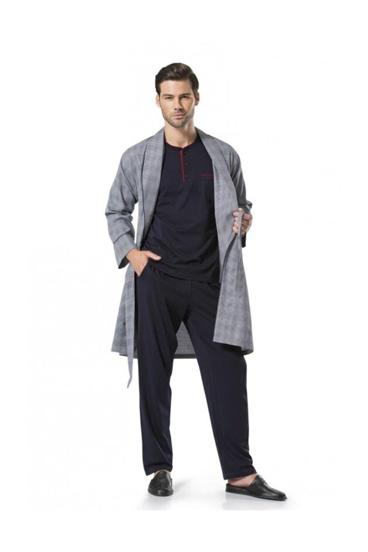 Erkek Lacivert Çeyizlik Saten Robdöşambr Pijama Takımı 5540