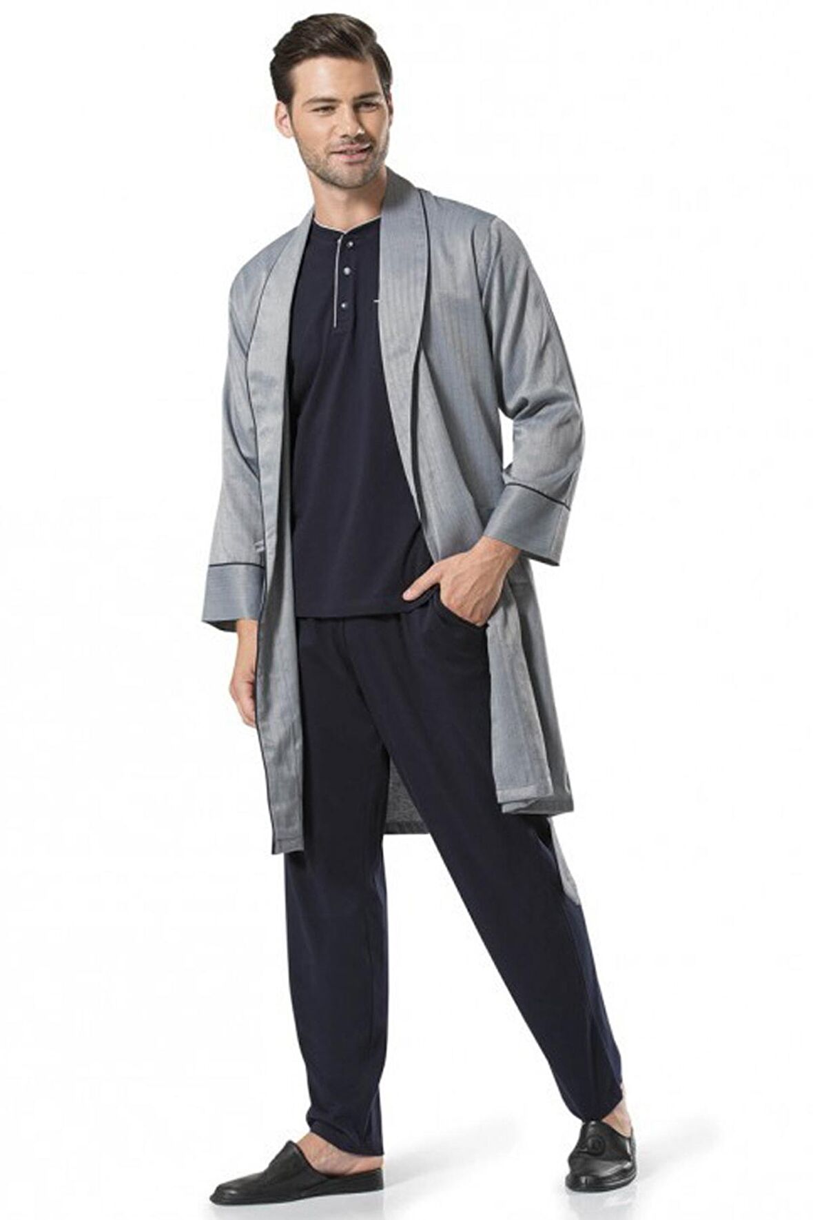 5 Li Uzun & Şortlu Pijama Robdöşambır Lacivert Damat Çeyiz Seti 5580