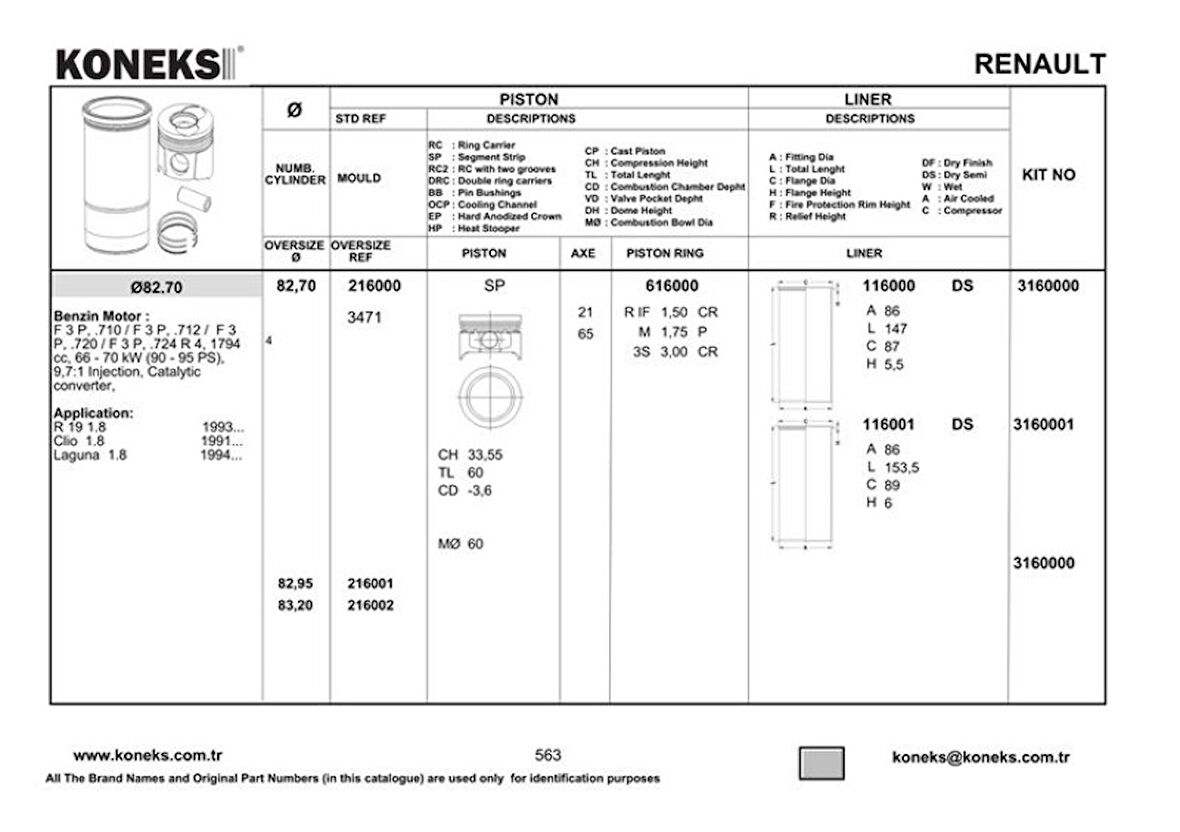 Renault Motor Segmanı  82,7mm Std Clio-R19-Laguna 1.8 CC (f3p 678) - Koneks 616000