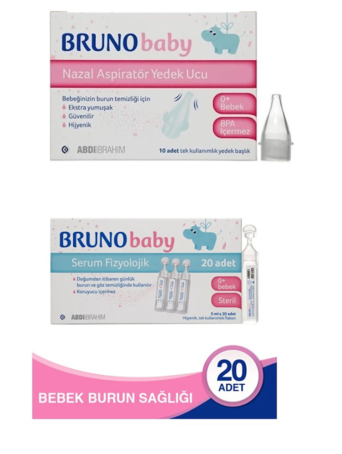 Bruno Baby Nazal Aspiratör Yedek Ucu 10lu & Serum Fizyolojik 5 ml x 20 Flakon 
