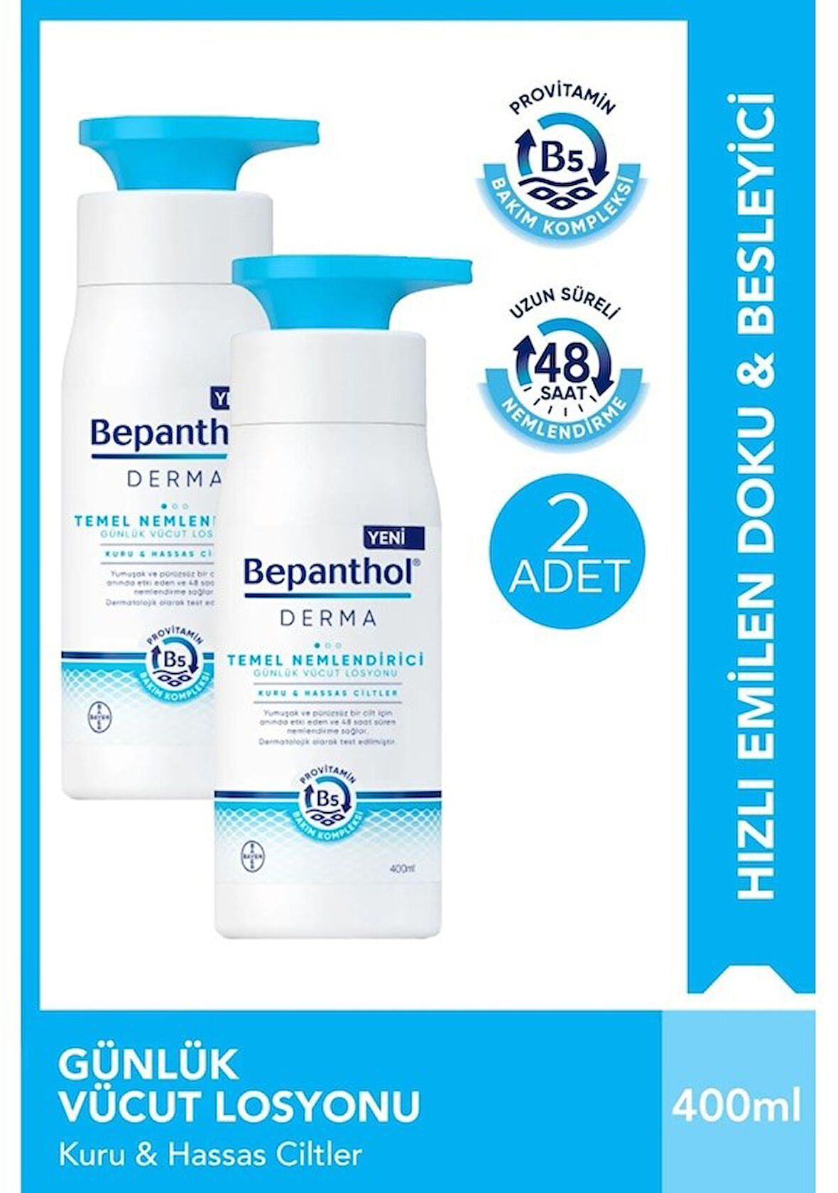 Bepanthol Derma Kuru ve Hassas Ciltler için Nemlendirici Günlük Vücut Losyonu 2 x 400 ML