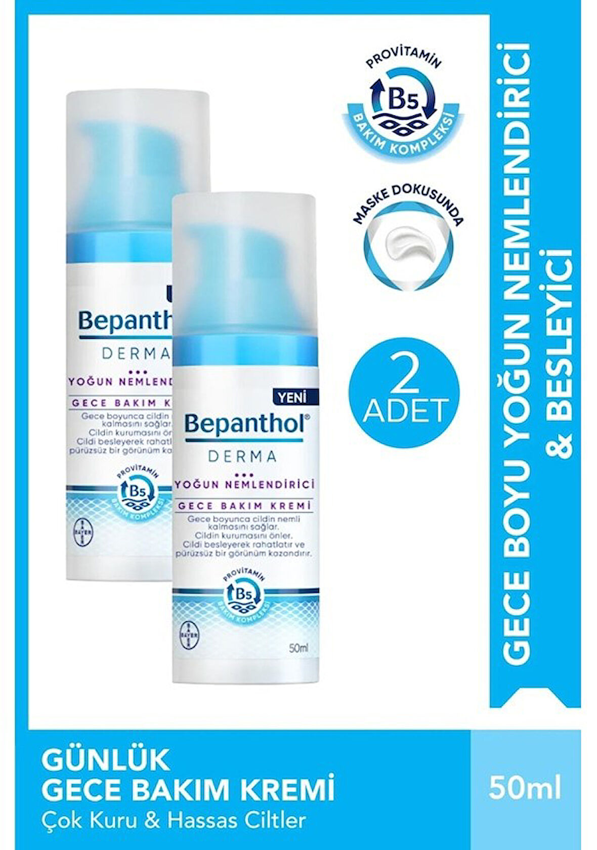 Bepanthol Derma Yoğun Nemlendirici Gece Bakım Kremi 2 x 50 ML