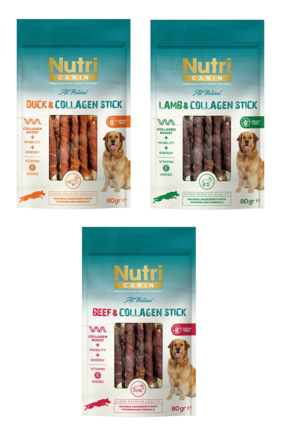 Nutri Canin 3 Çeşit Karma Sargılı Kolajen Çubuk Tahılsız Köpek Et Ödülü 80 Gr. X 3 Adet