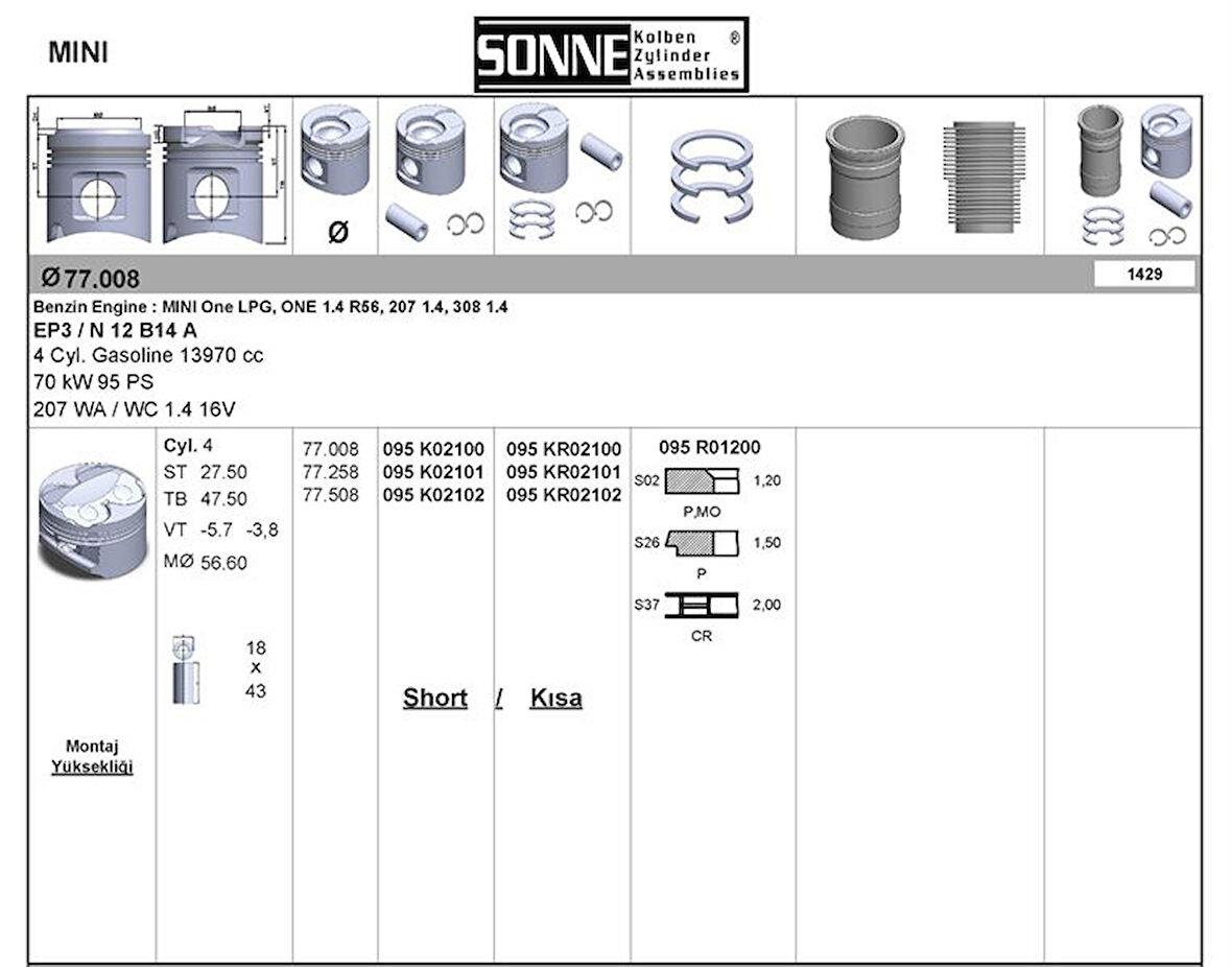 Bmw Piston + Segman 77mm Std Mini N12 B14 A R56 Peugeot Ep3 207 308 - Sonne 095kr02100