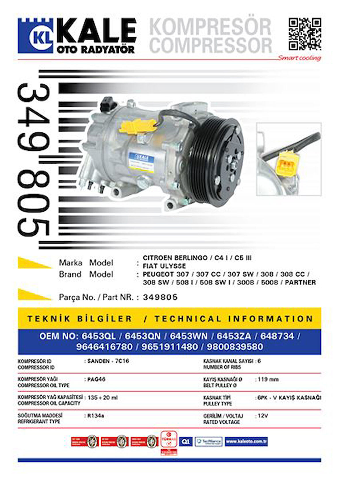 Psa Klima Kompresoru Citroen Berlingo III C4 I C5 III Peugeot 307 308 3008 508 - Kale 349805