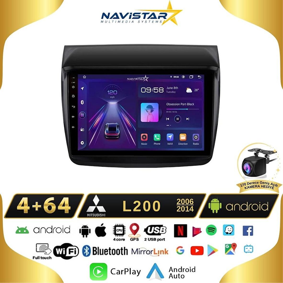 Mitsubishi L200  2006-2014 Model 4GB + 64GB Android 13 Kablosuz Carplay Navigasyon Multimedya Sistem