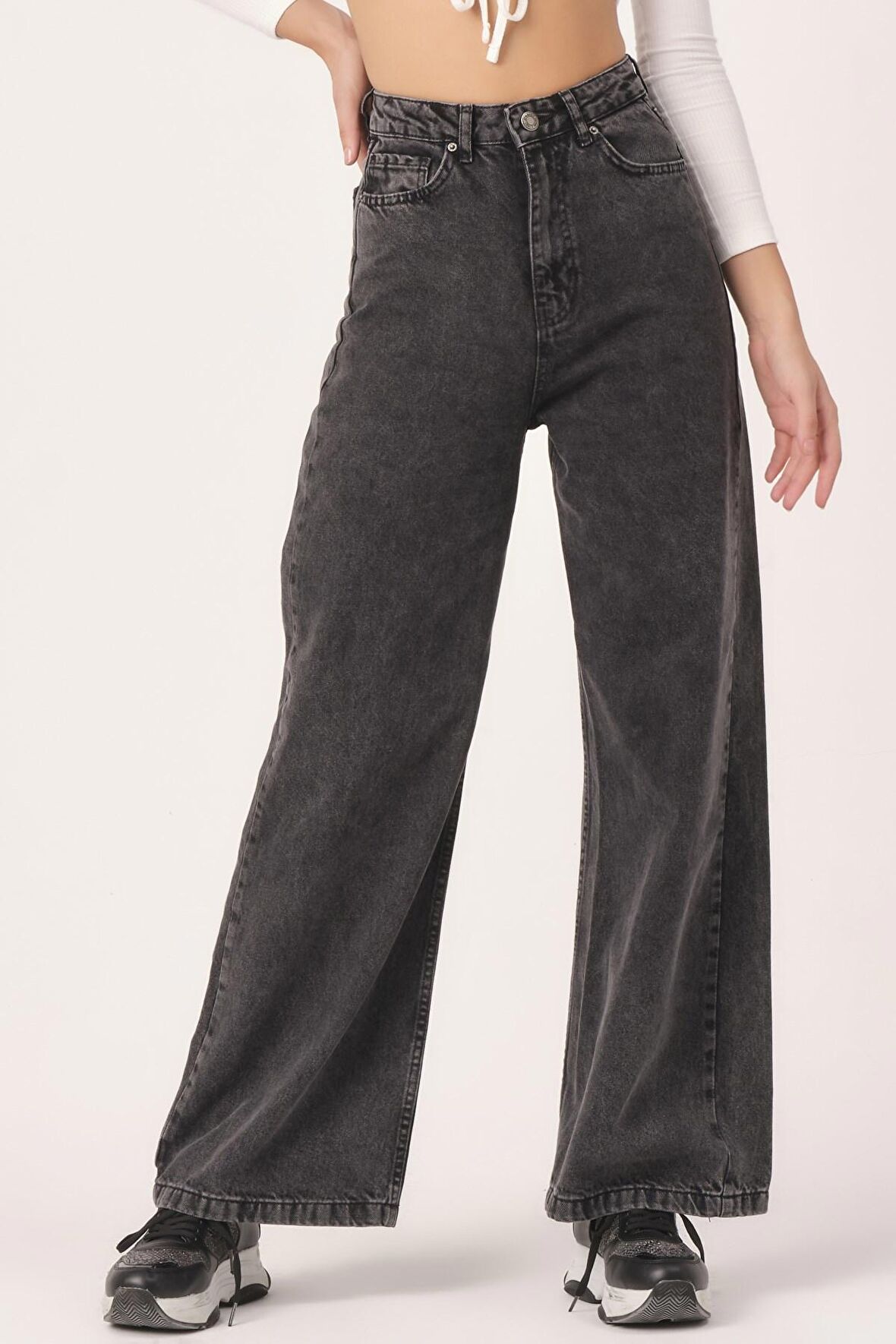 Kadın Füme Renk Wide Leg Kalıp Bol Paça Jean