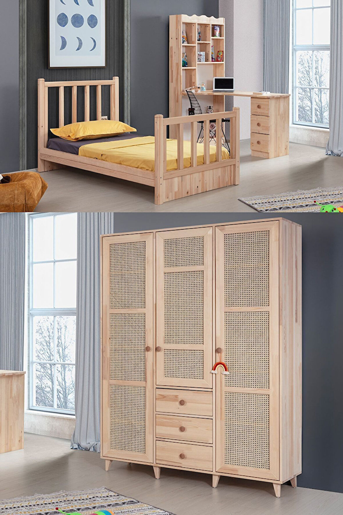 Doğal Ladin Çocuk Odası - Balın Montessori Çocuk Odası Takımı, Dolap, Karyola, Çalışma Masası