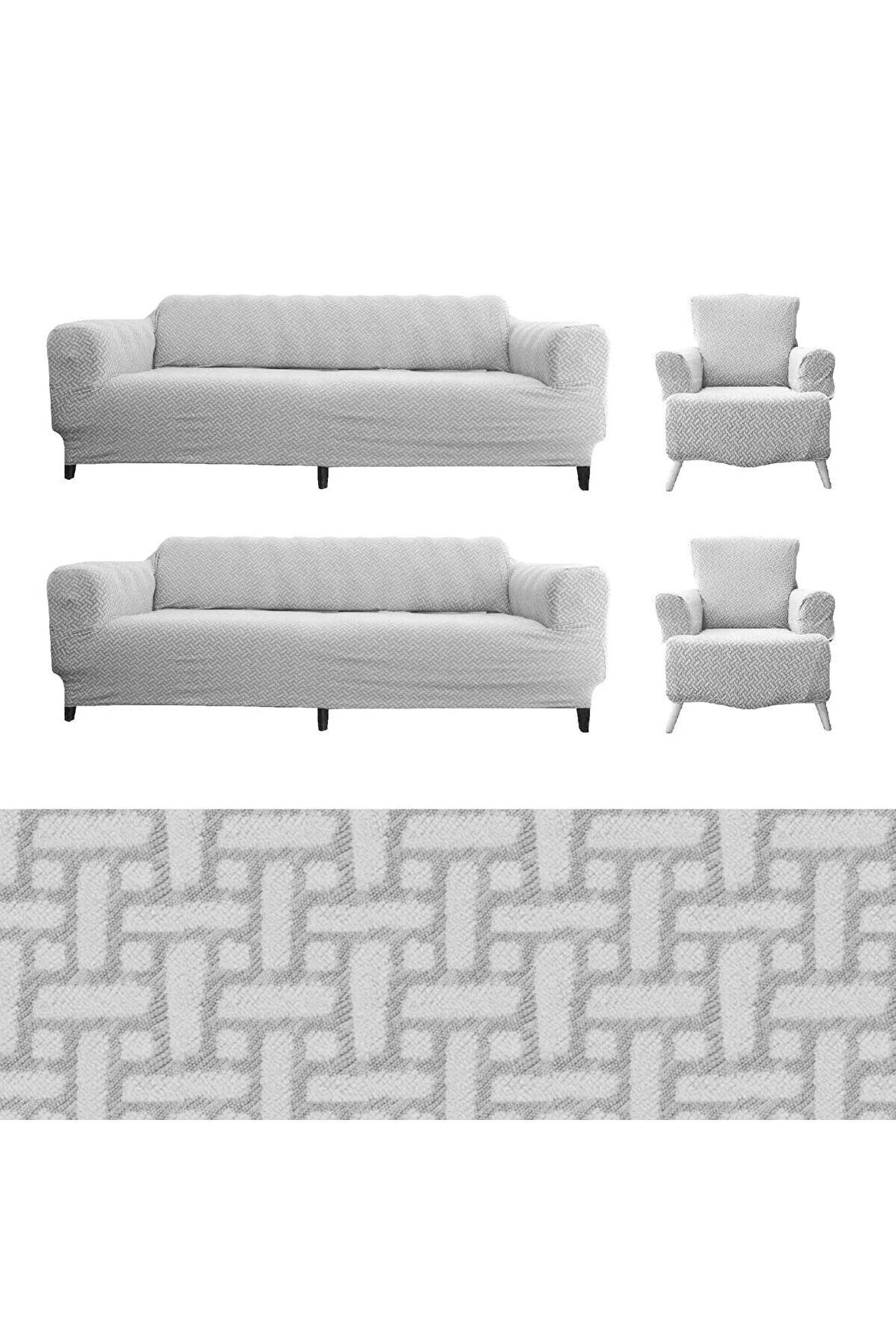 Streç Lastikli Yıkanabilir Pamuklu 3+3+1+1 Tuğla Desen Jakarlı Koltuk Örtüsü Takımı Koltuk Kılıfı