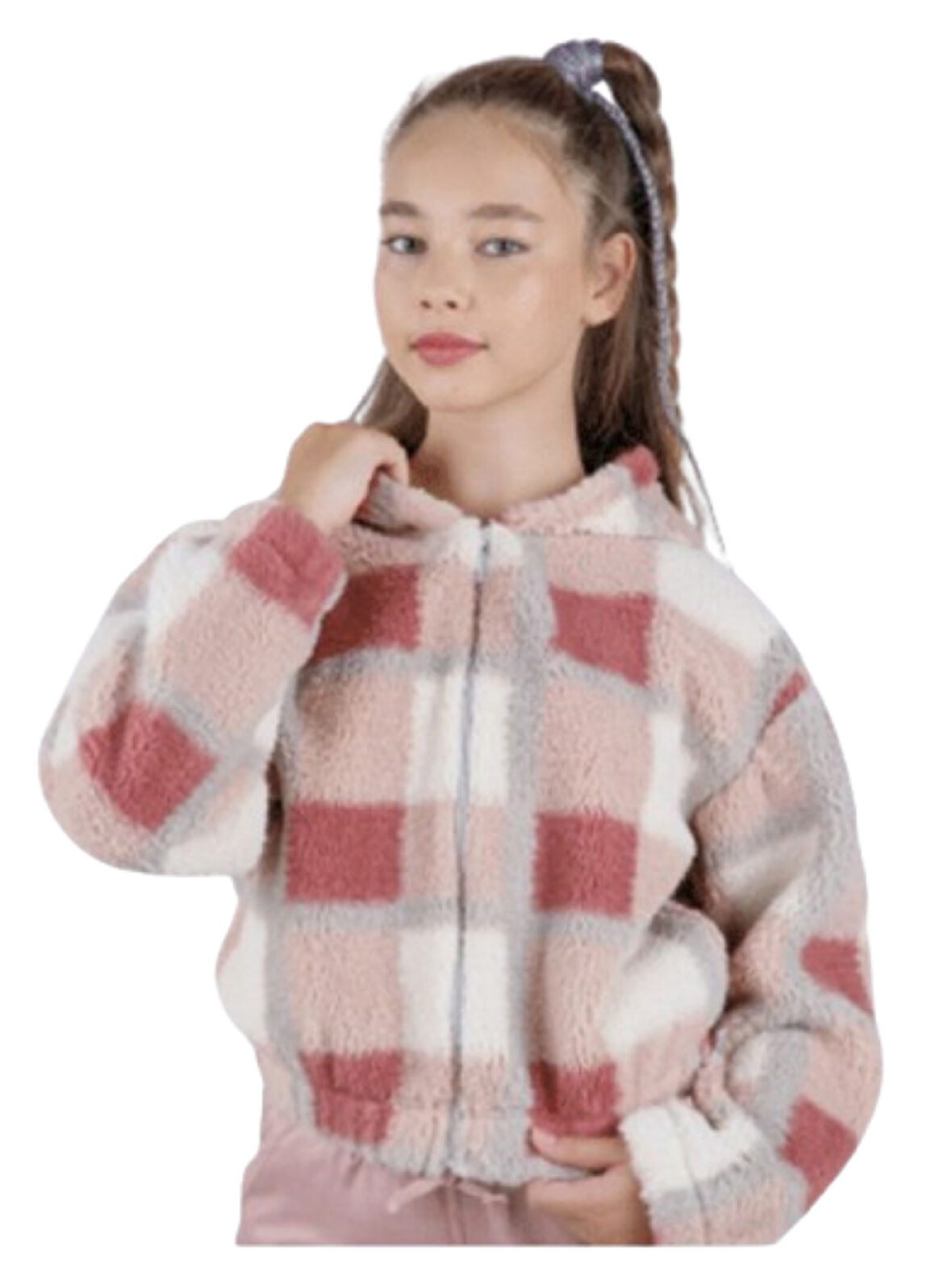 Kız Çocuk Kapüşonlu Ekose Desenli Pelüş Hırka – Fermuarlı, Cepli, Yumuşak Doku