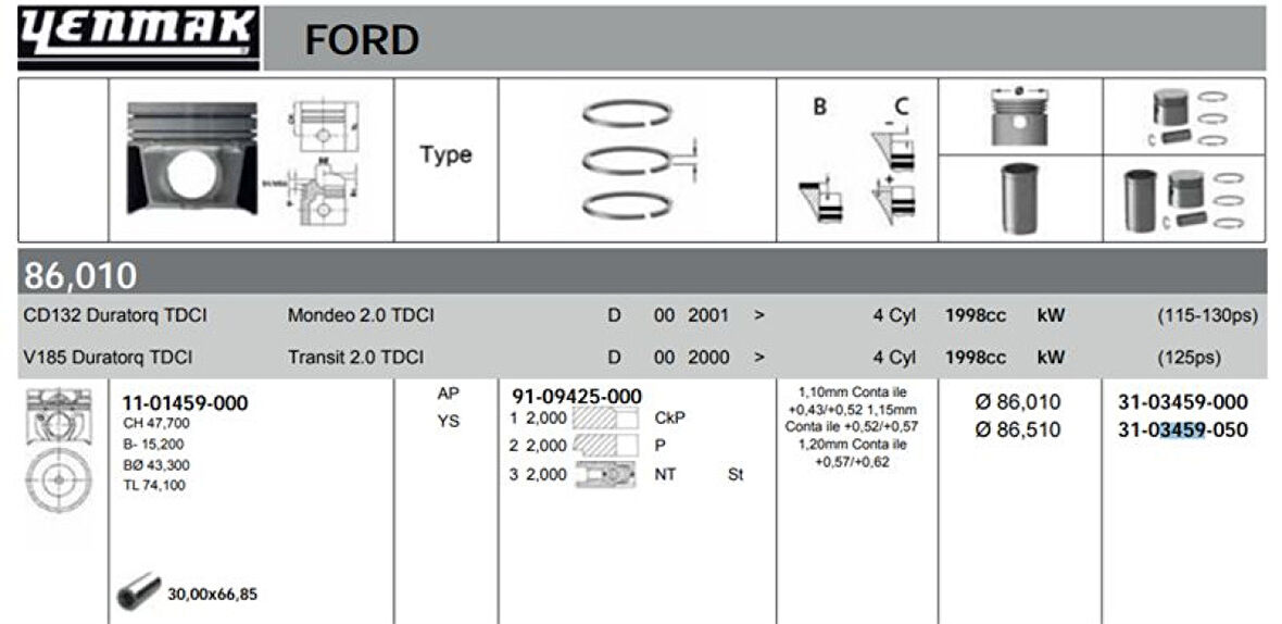 Ford Motor Piston Segman (86,01mm) / (std) Transıt V184 / V185 125ps Mondeo 115ps / 130ps 2,0tdci Durator - Yenmak 36-03459-000