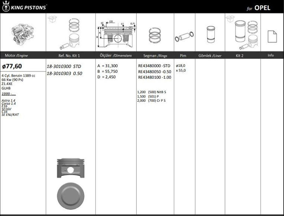 Opel Motor Piston+segmanı ( Riken )  77,60+stdmm Cap Astra 1.4 Corsa 1.4 E16 Se16v C16 Se Enj/kat Z1.4xe- - Kingpiston 18-3010300