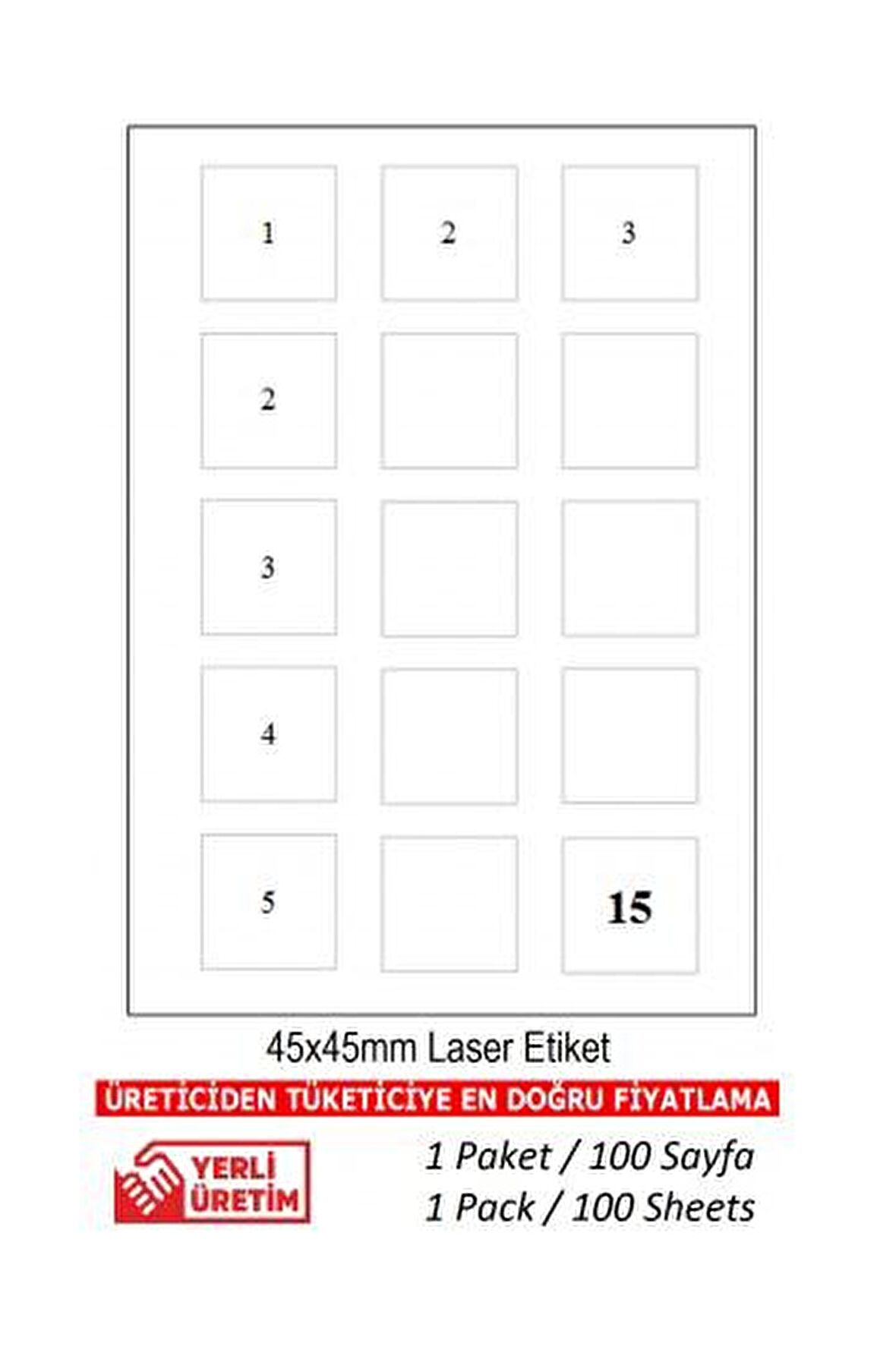 A1-2015 500 A4 Sayfa  45 x 45 mm Lazer Etiket  A4 Sayfada 15 Etiket