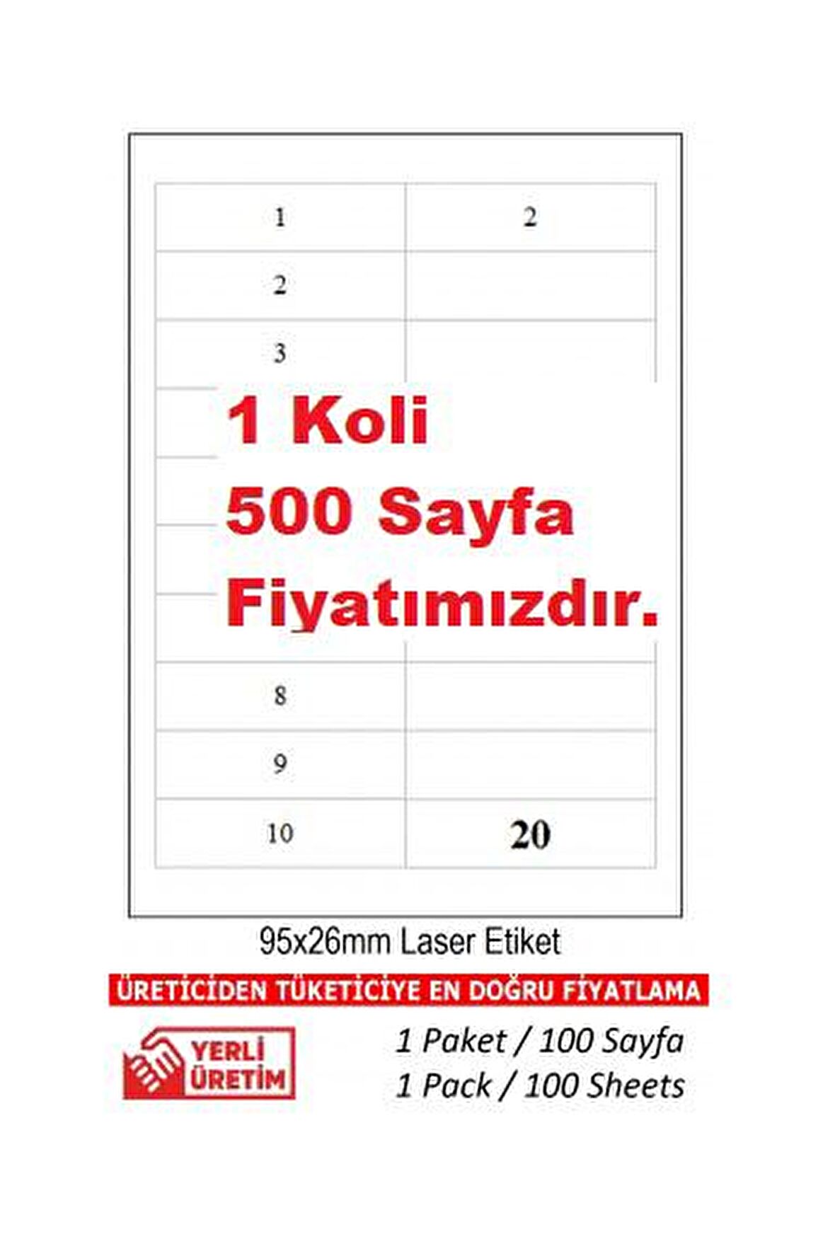 A-2020 500 A4 Sayfa Lazer Etiket  95 x 26 mm A4 Sayfada 20 Etiket