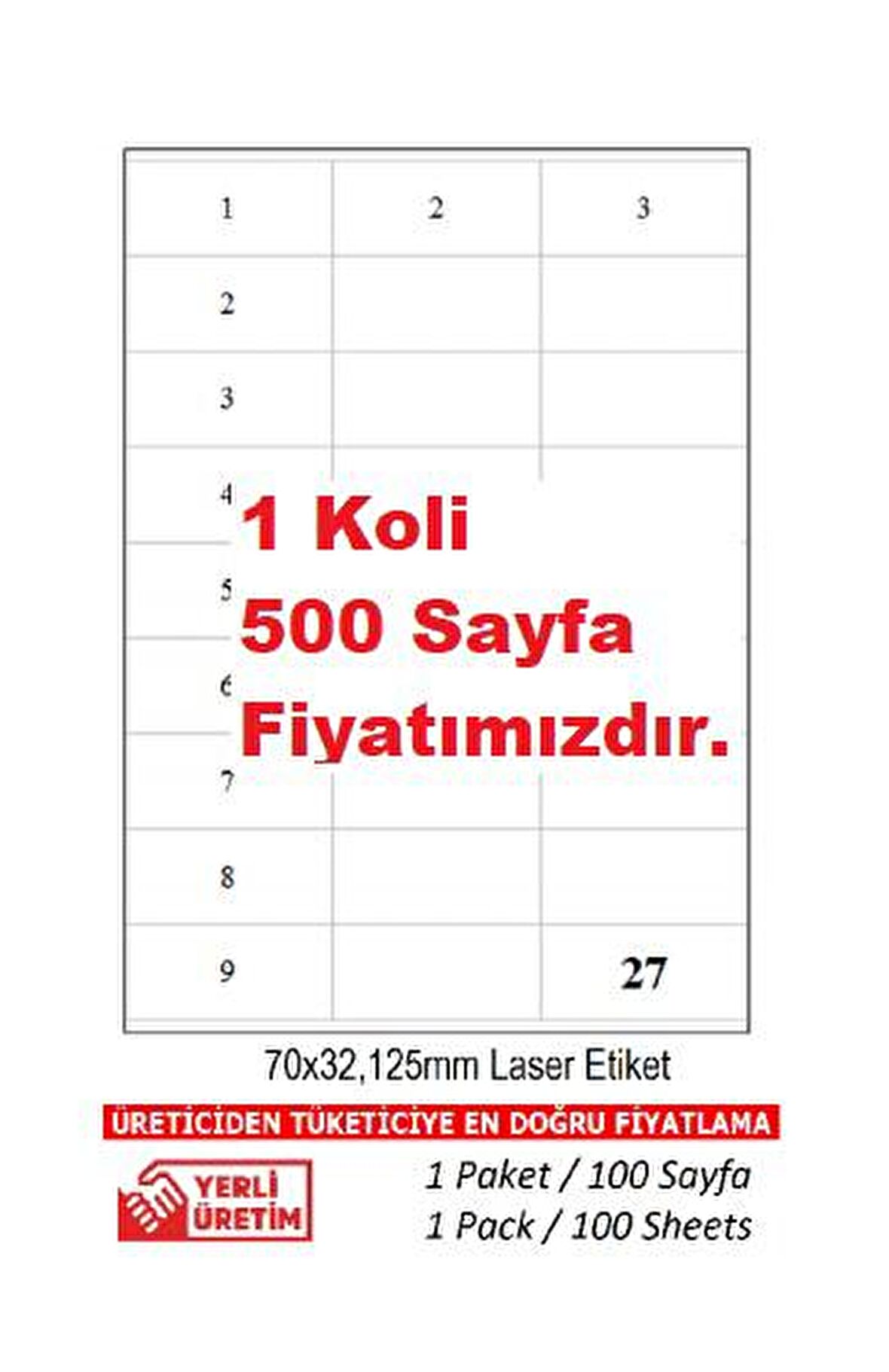 BK-2027  70 x 32 mm 500 A4 Sayfa Lazer Etiket 1 A4 Sayfada 27 Etiket