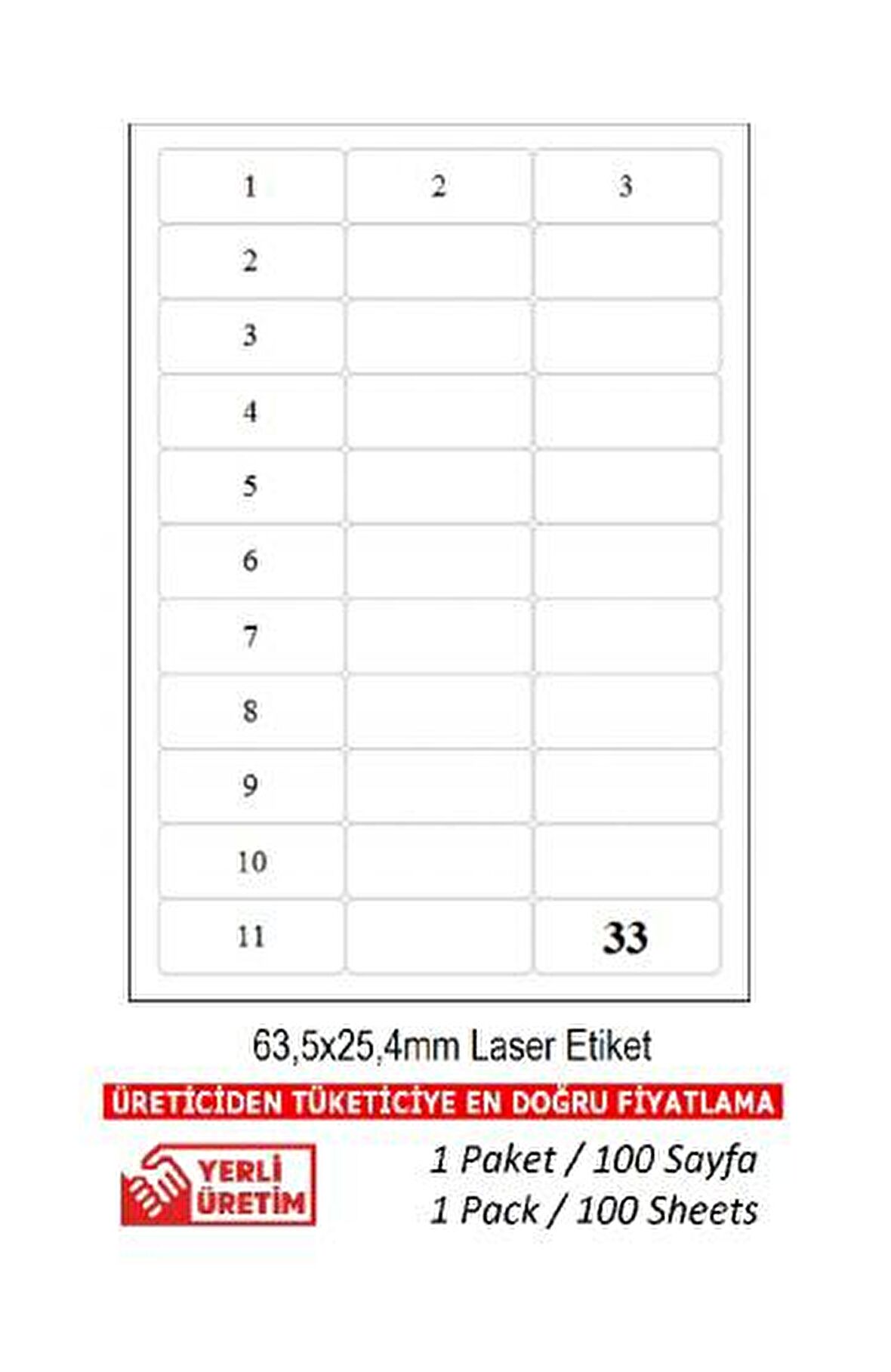 A1-2033 Ebat 63.5 x 25.4 mm Lazer Etiket  A4 Sayfada 33 Etiket