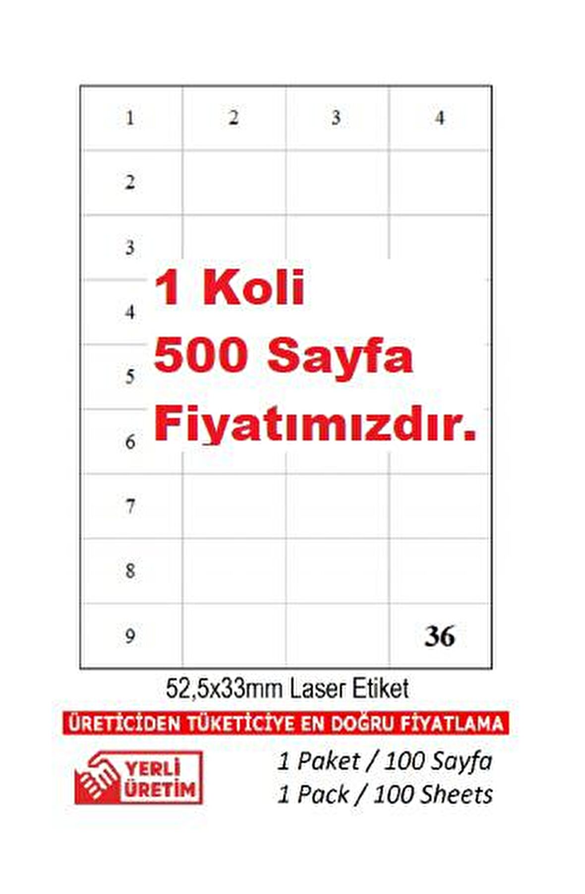 A1-2035 500 A4 Sayfa 52.5 x 33 mm Lazer Etiket 1 A4 Sayfada 36 Etiket