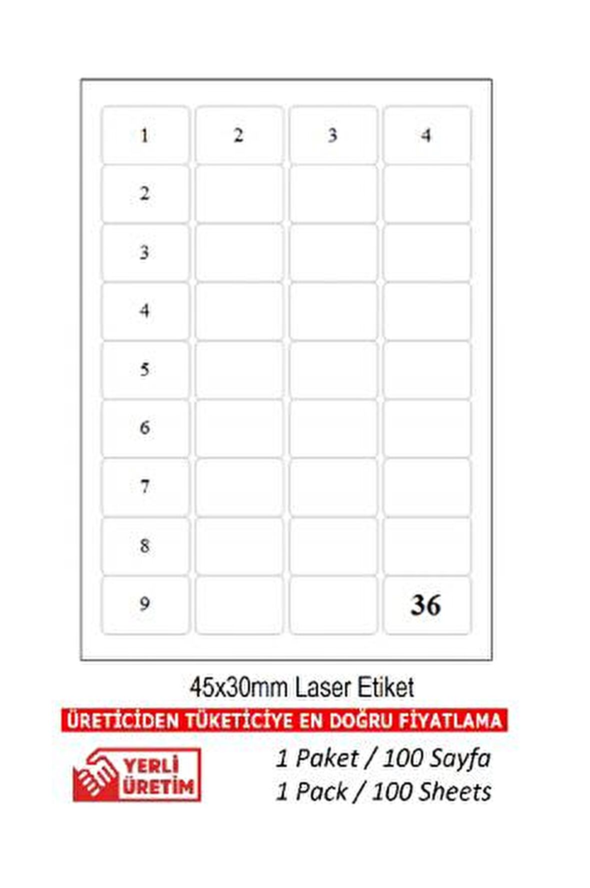 A1-2036 Ebat 45 x 30 mm Lazer Etiket  A4 Sayfada 36 Etiket