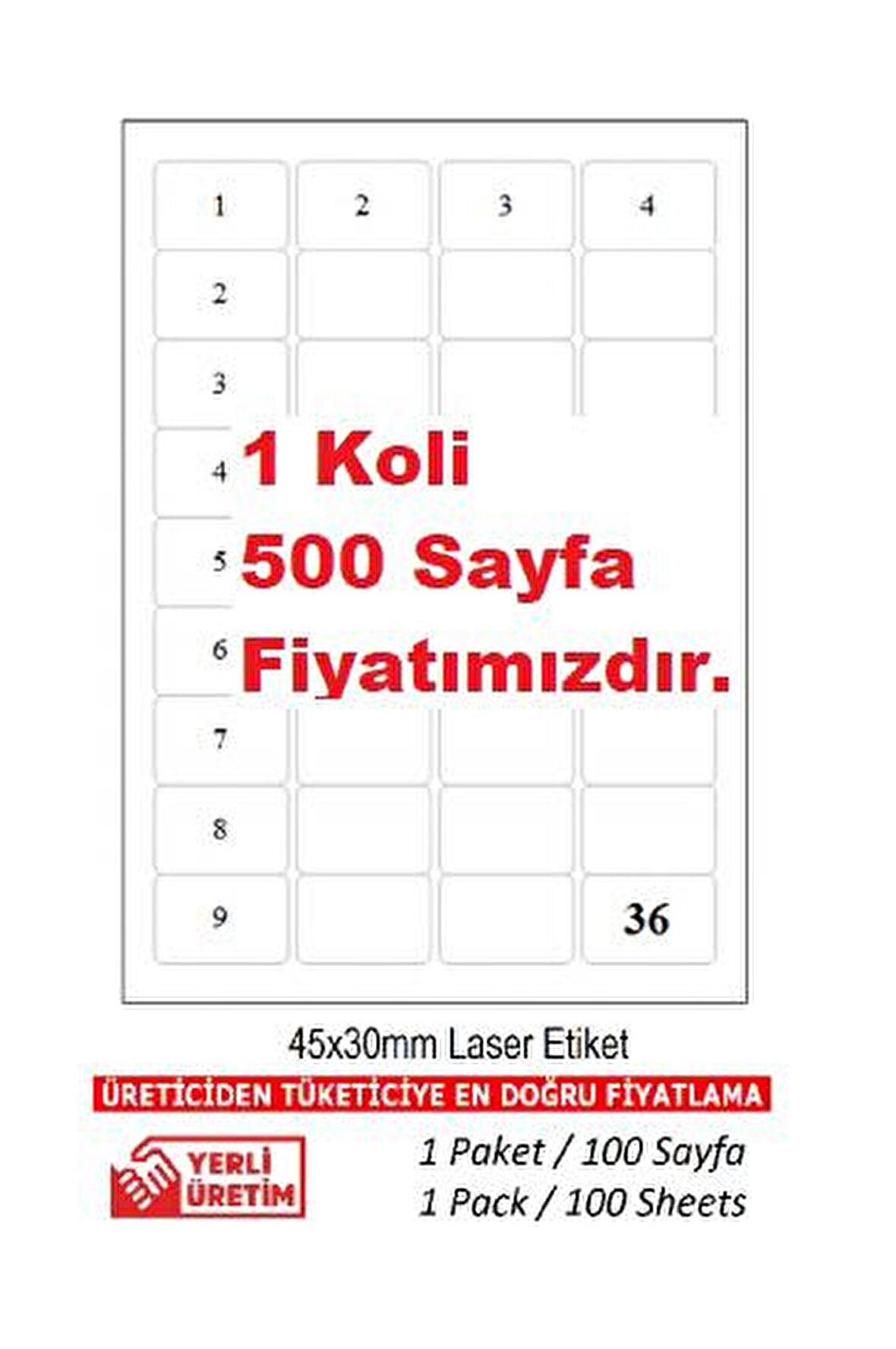 A1-2036 500 A4 Sayfa Lazer Etiket 45 x 30 mm A4 Sayfada 36 Etiket