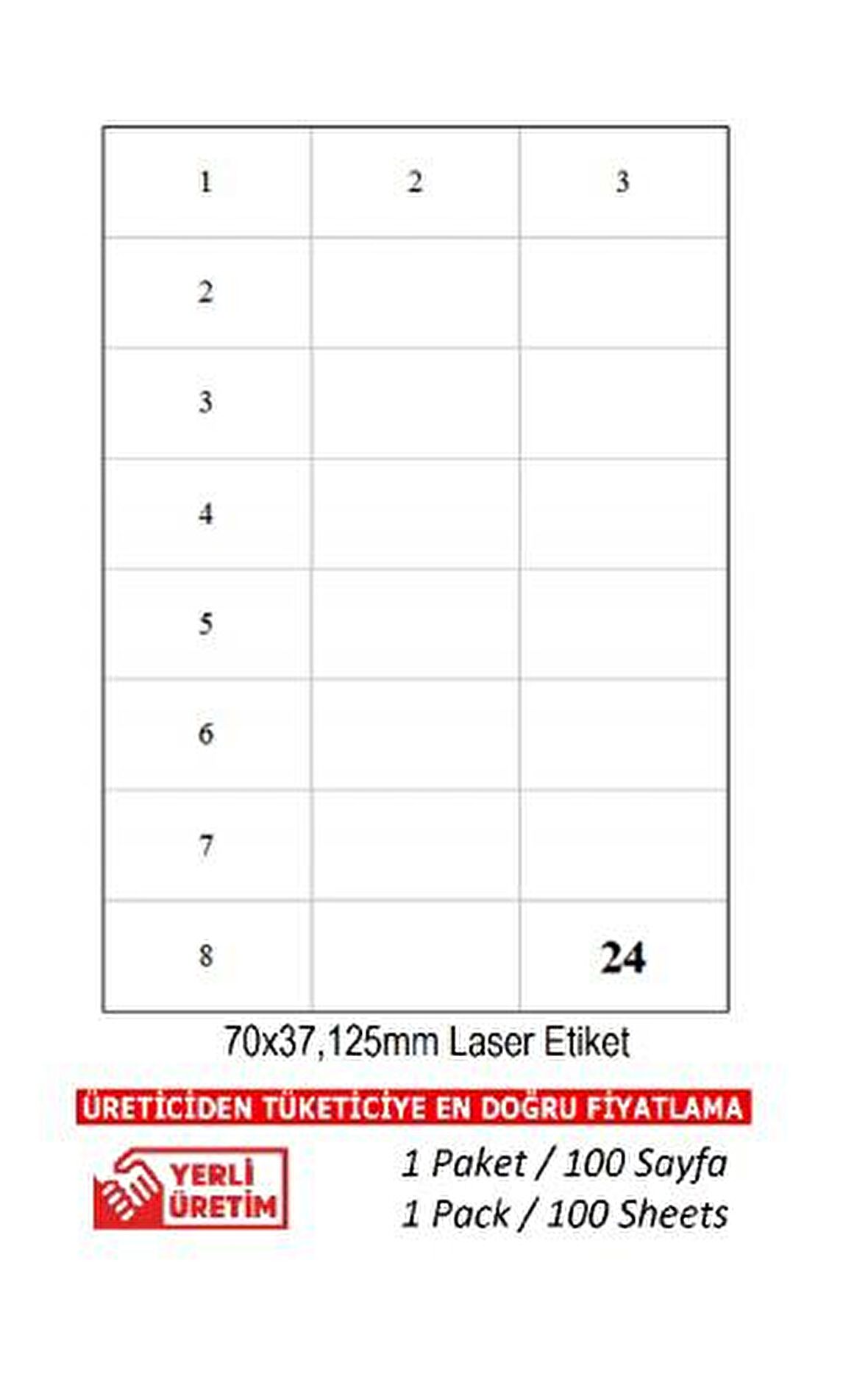 A1-2037 Ebat 70 x 37.125 mm Lazer Etiket  A4 Sayfada 24 Etiket